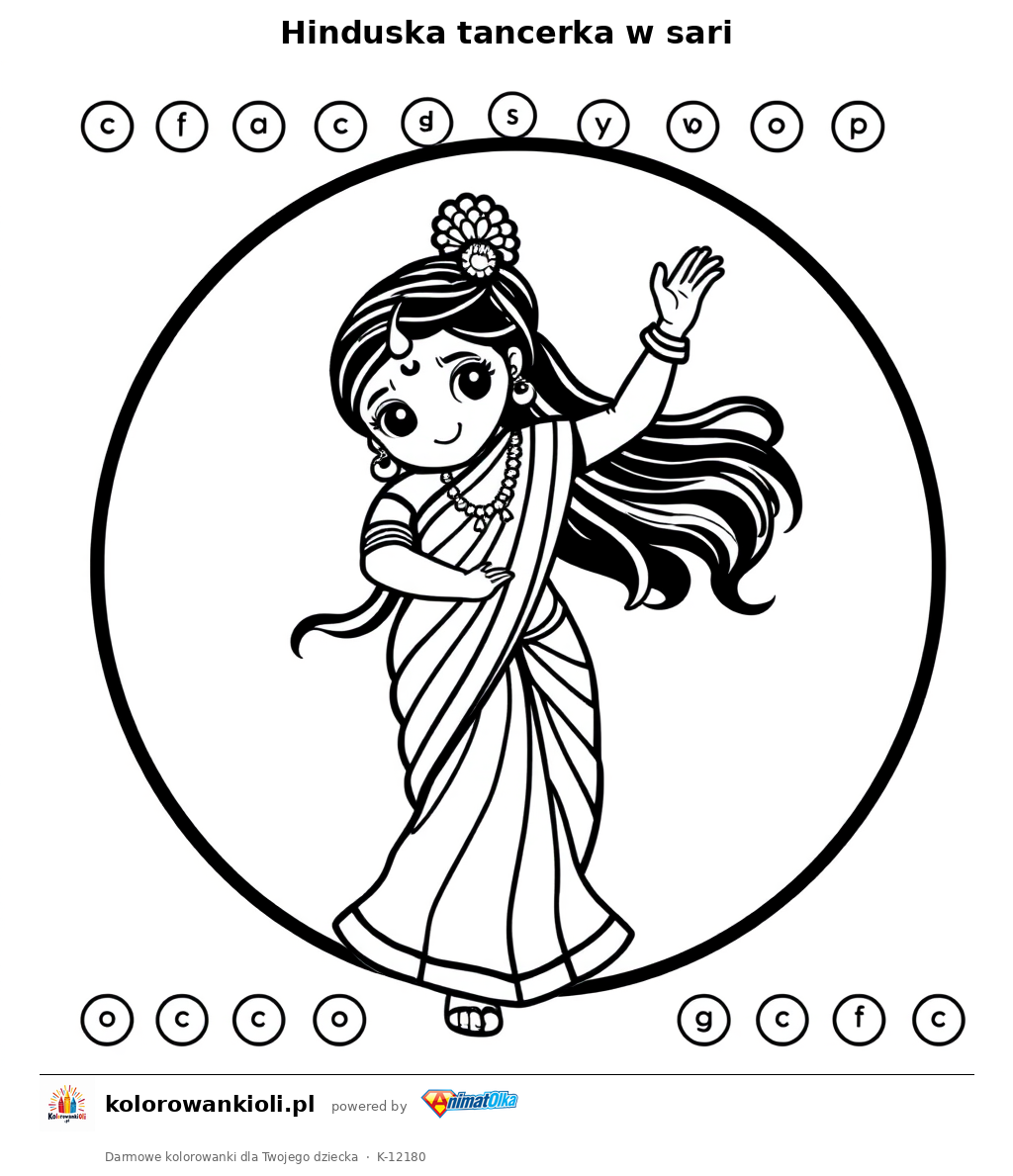 Hinduska tancerka w sari — kolorowanka do wydruku dla dzieci