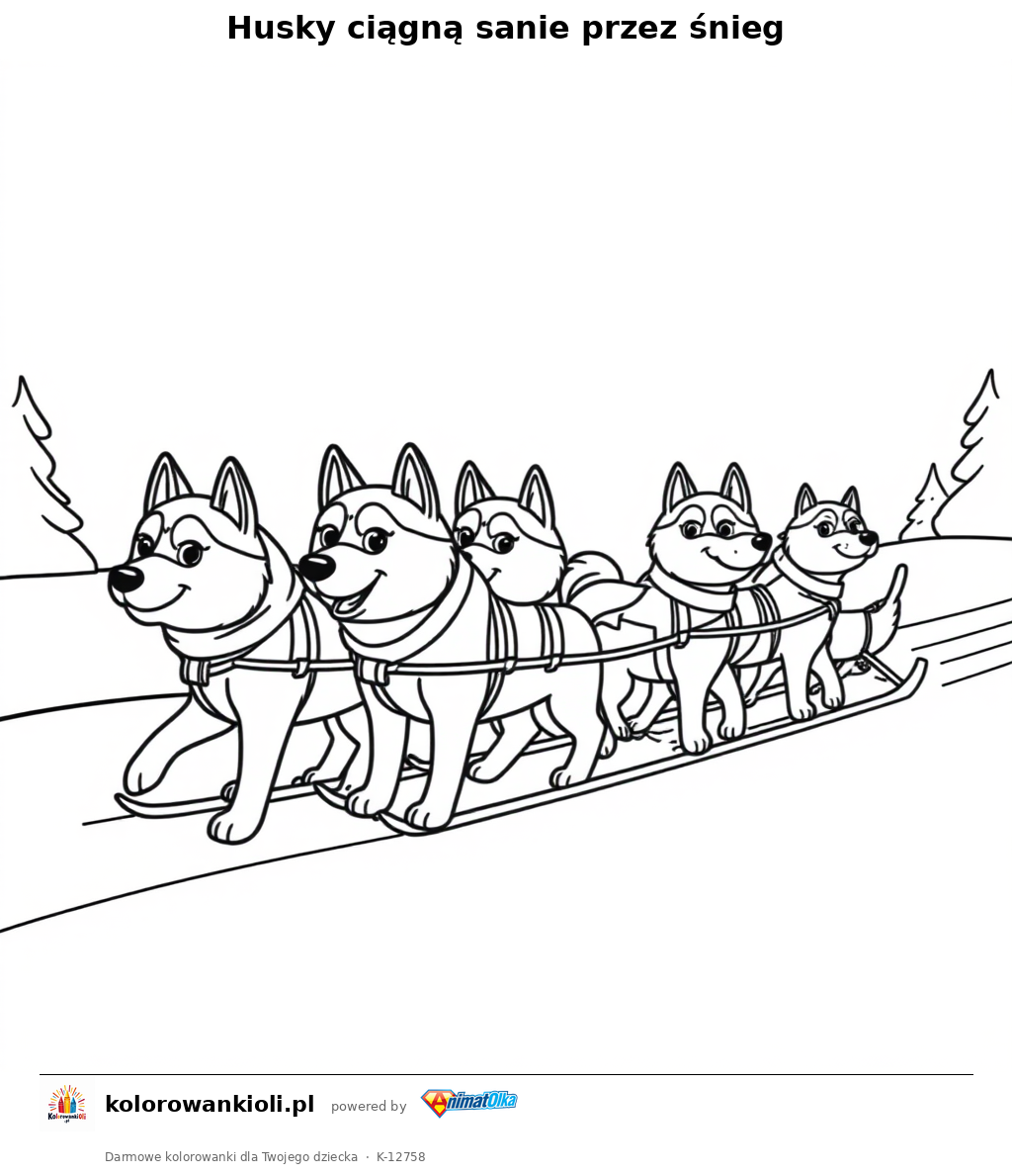 Husky ciagna sanie przez snieg — kolorowanka do wydruku dla dzieci