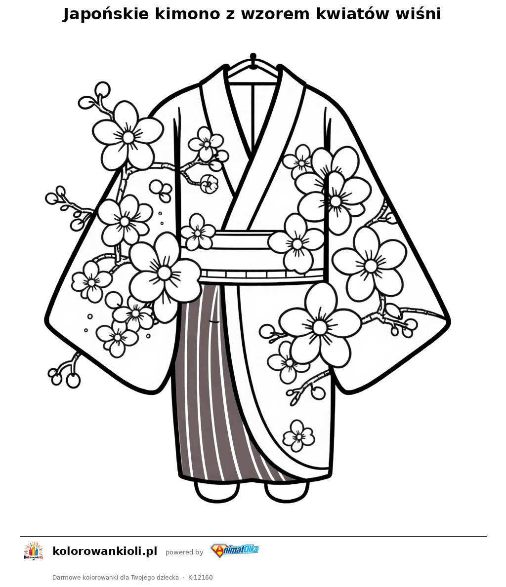 Japońskie kimono z wzorem kwiatów wiśni — kolorowanka do wydruku dla dzieci