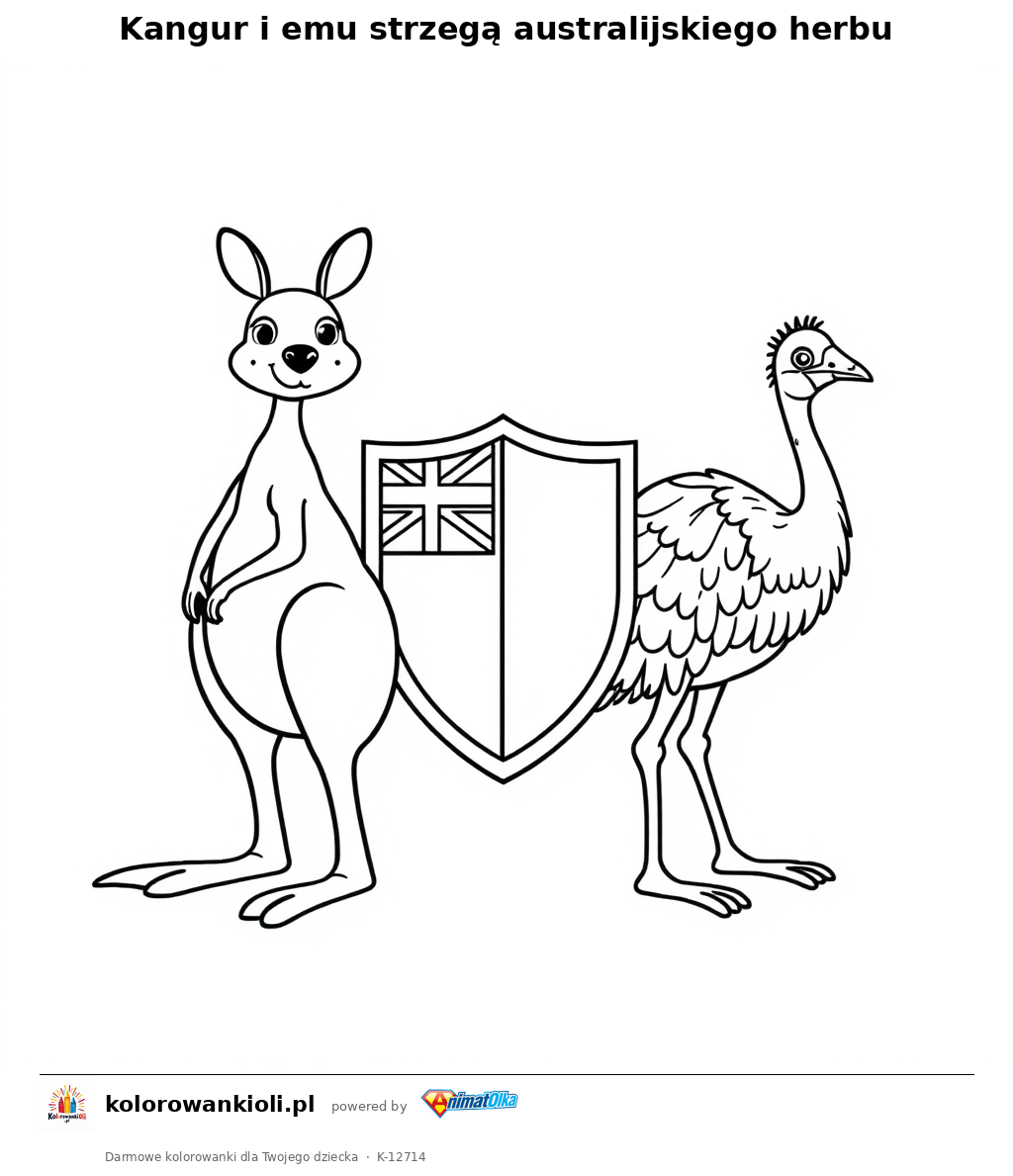 Kangur i emu strzega australijskiego herbu — kolorowanka do wydruku dla dzieci