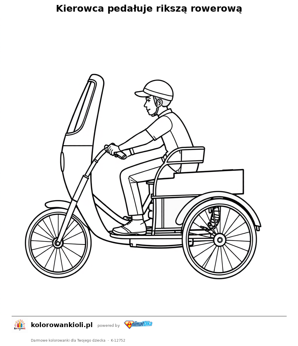 Kierowca pedaluje rikszy rowerowej — kolorowanka do wydruku dla dzieci