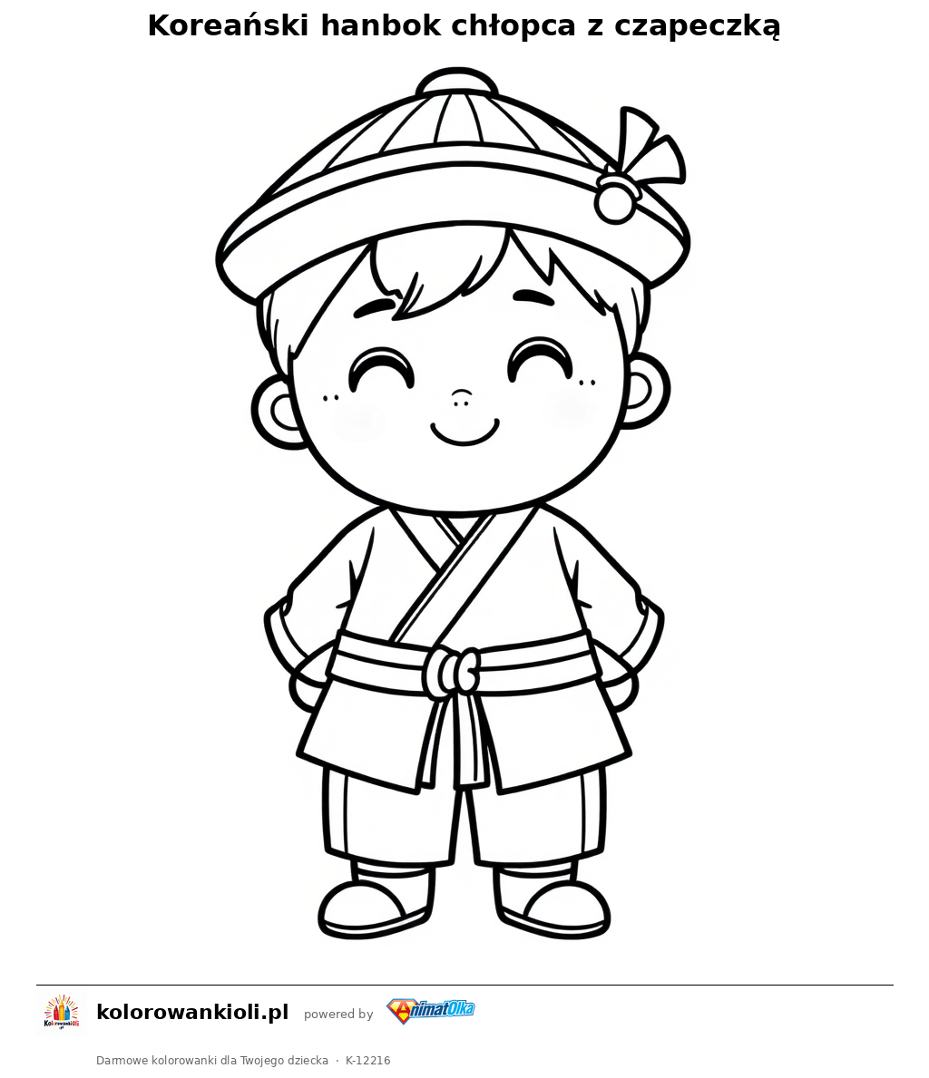 Koreański hanbok chłopca z czapeczką — kolorowanka do wydruku dla dzieci