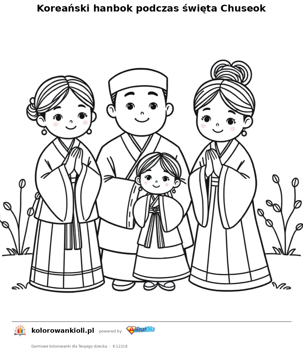 Koreański hanbok podczas święta Chuseok — kolorowanka do wydruku dla dzieci