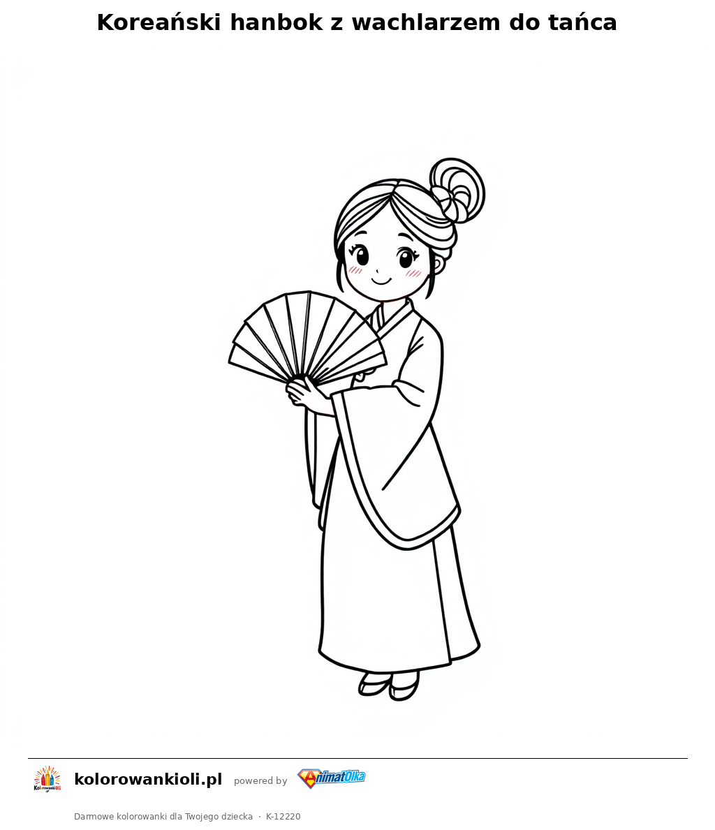 Koreański hanbok z wachlarzem do tańca — kolorowanka do wydruku dla dzieci