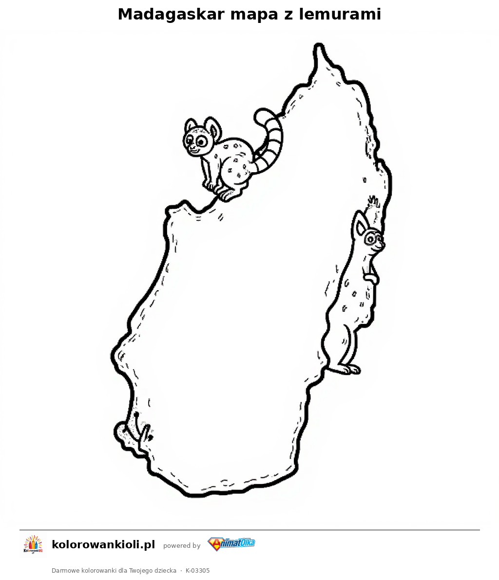 Madagaskar mapa z lemurami — kolorowanka do wydruku dla dzieci
