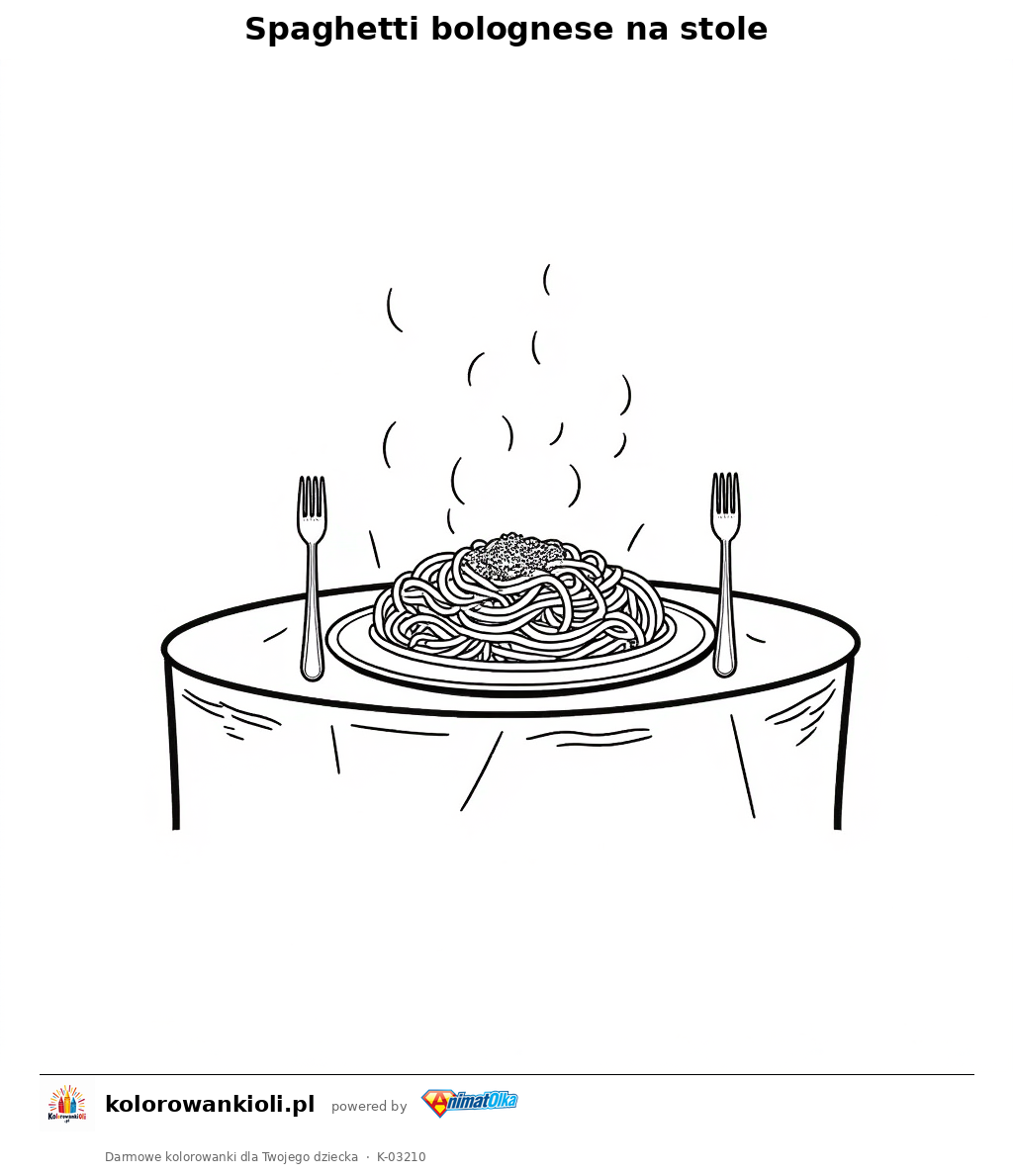 Spaghetti bolognese na stole — kolorowanka do wydruku dla dzieci