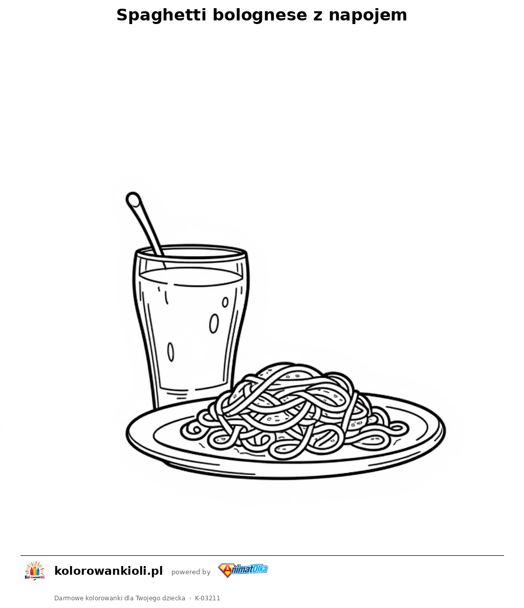Spaghetti bolognese z napojem — kolorowanka do wydruku dla dzieci