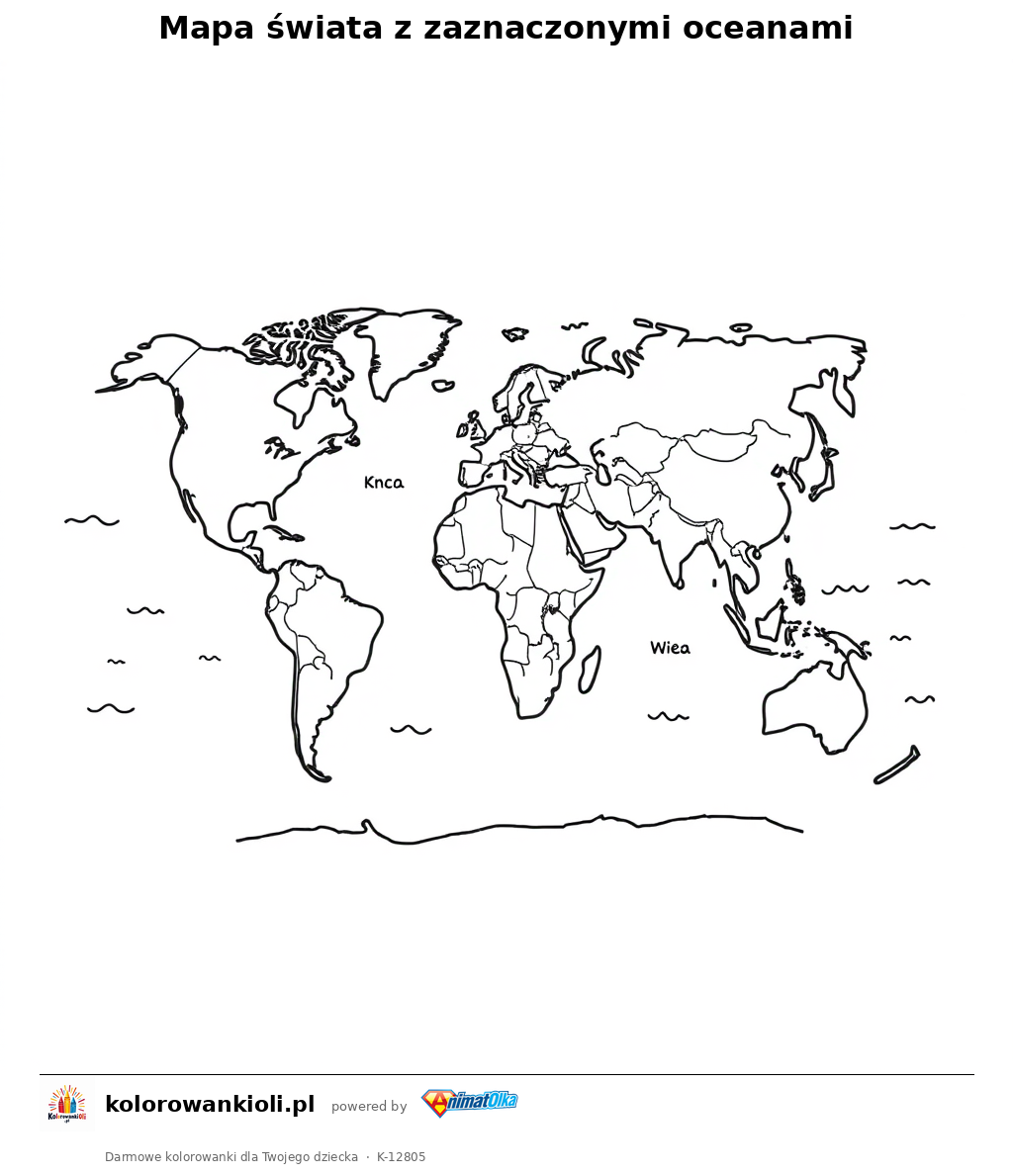 Mapa świata z zaznaczonymi oceanami — kolorowanka do wydruku dla dzieci