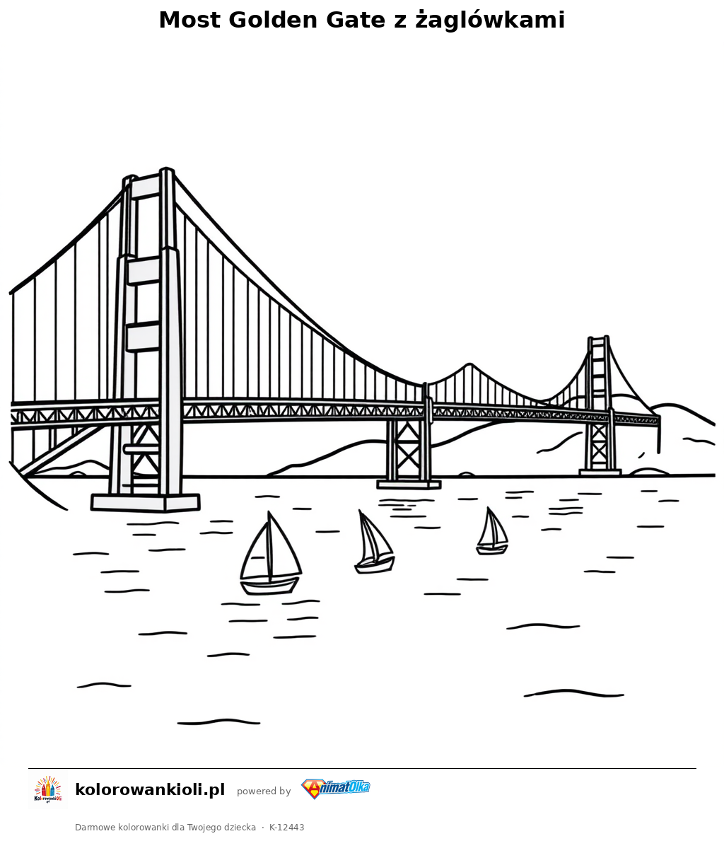 Most Golden Gate z zaglowkami — kolorowanka do wydruku dla dzieci