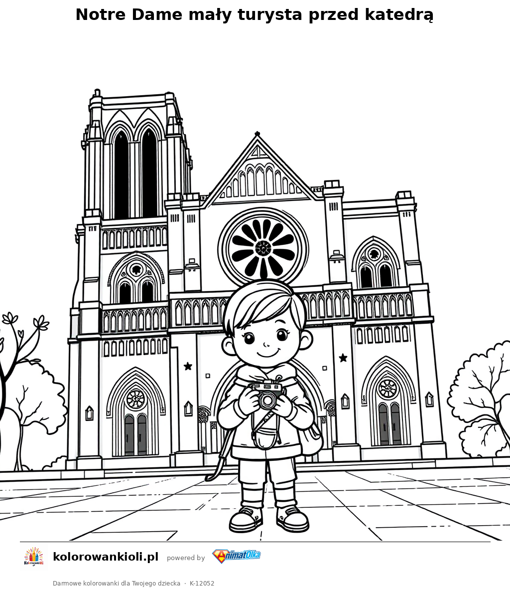 Notre Dame maly turysta przed katedra — kolorowanka do wydruku dla dzieci