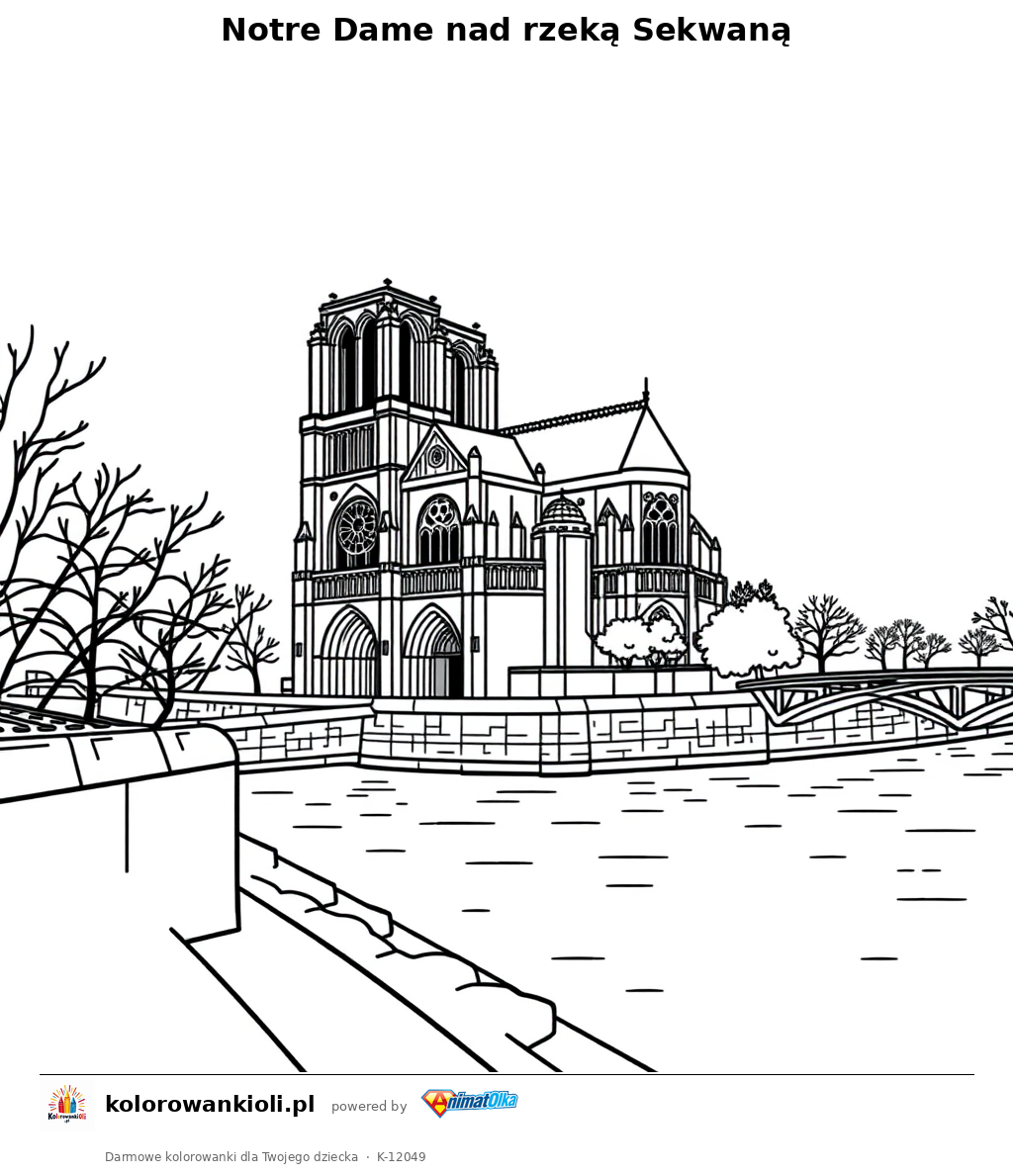 Notre Dame nad rzeka Sekwana — kolorowanka do wydruku dla dzieci