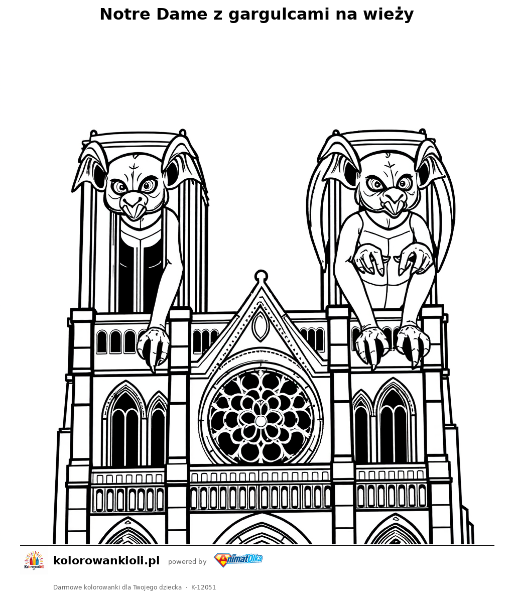Notre Dame z gargulcami na wiezy — kolorowanka do wydruku dla dzieci