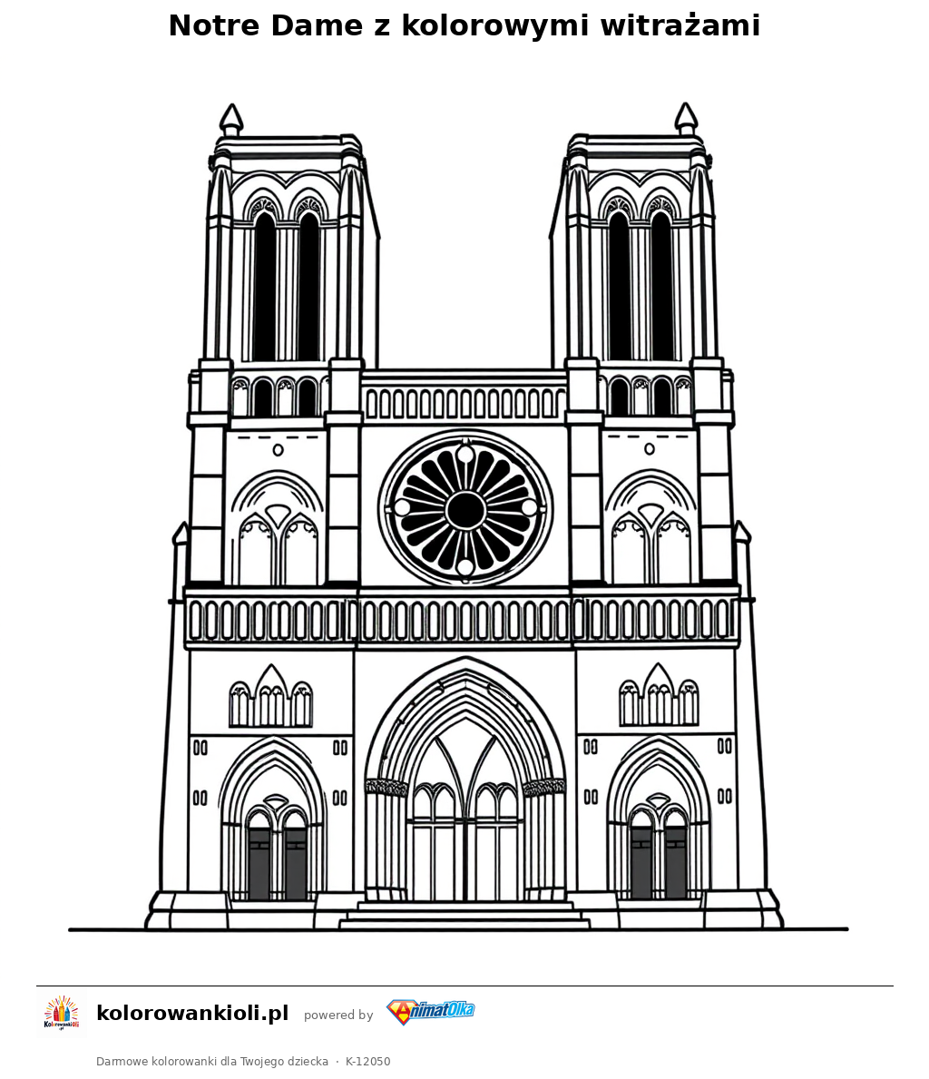 Notre Dame z kolorowymi witrazami — kolorowanka do wydruku dla dzieci