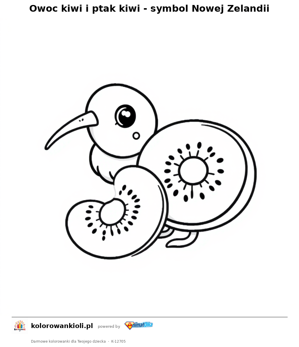 Owoc kiwi i ptak kiwi - symbol Nowej Zelandii — kolorowanka do wydruku dla dzieci