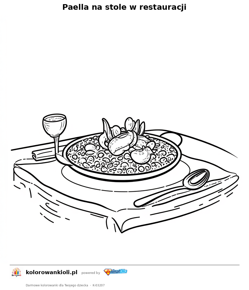 Paella na stole w restauracji — kolorowanka do wydruku dla dzieci