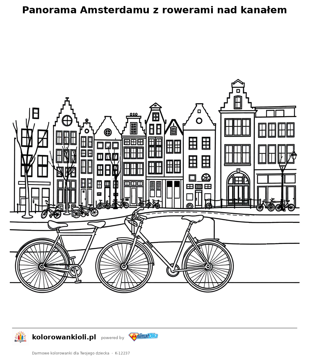 Panorama Amsterdamu z rowerami nad kanałem — kolorowanka do wydruku dla dzieci