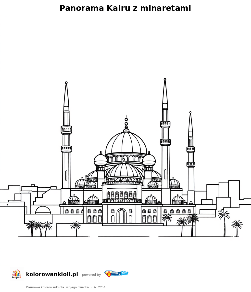 Panorama Kairu z minaretami — kolorowanka do wydruku dla dzieci