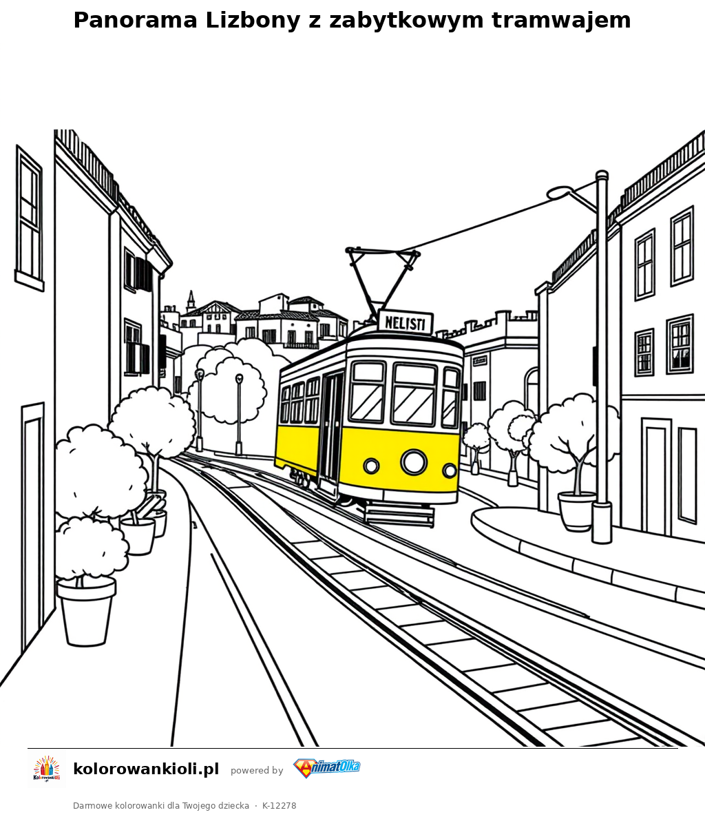 Panorama Lizbony z zabytkowym tramwajem — kolorowanka do wydruku dla dzieci