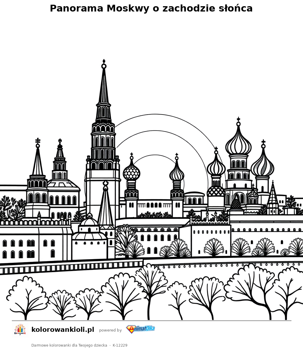 Panorama Moskwy o zachodzie słońca — kolorowanka do wydruku dla dzieci