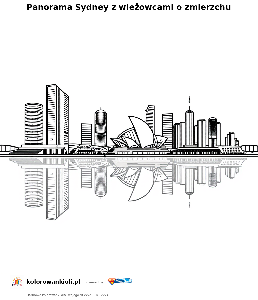 Panorama Sydney z wieżowcami o zmierzchu — kolorowanka do wydruku dla dzieci
