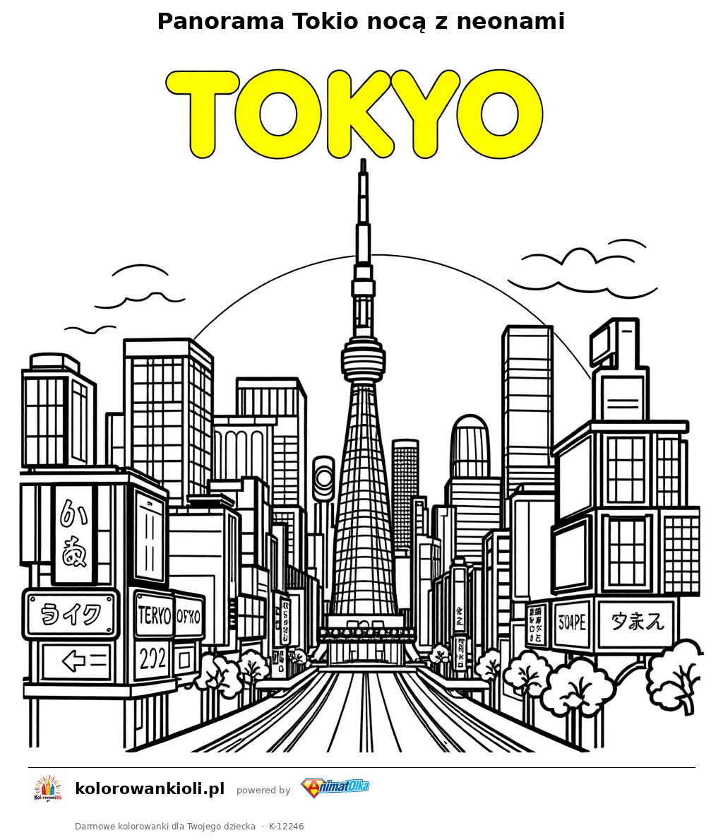 Panorama Tokio nocą z neonami — kolorowanka do wydruku dla dzieci