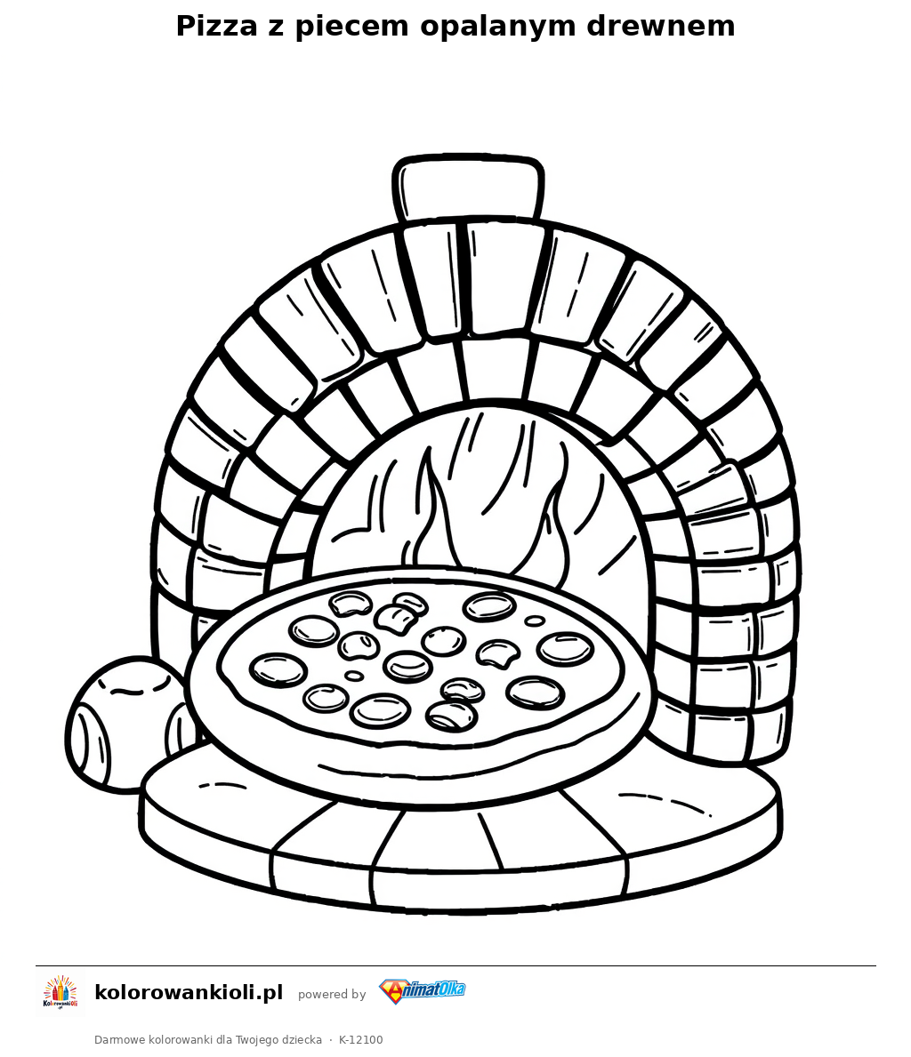 Pizza z piecem opalanym drewnem — kolorowanka do wydruku dla dzieci