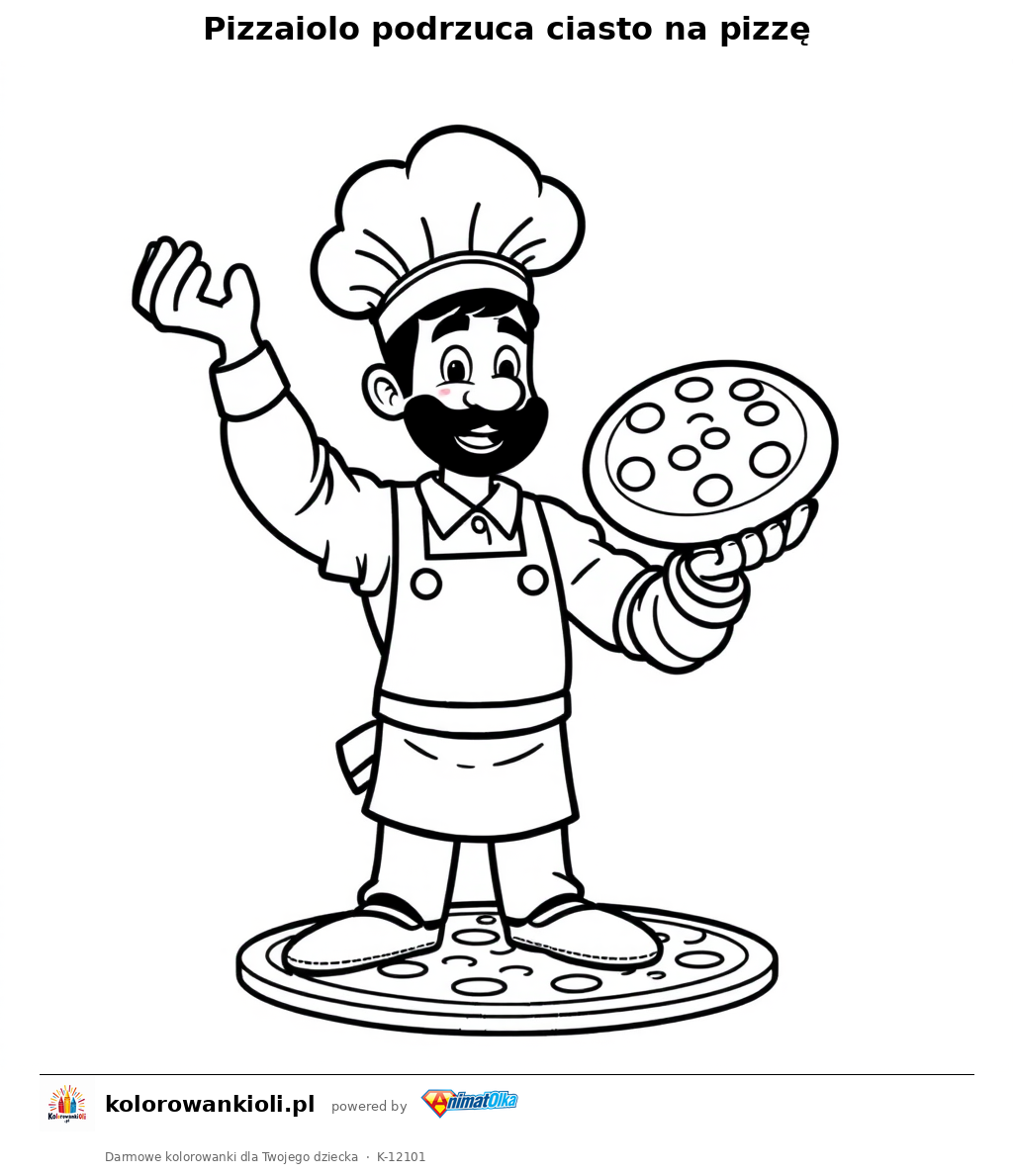 Pizzaiolo podrzuca ciasto na pizze — kolorowanka do wydruku dla dzieci