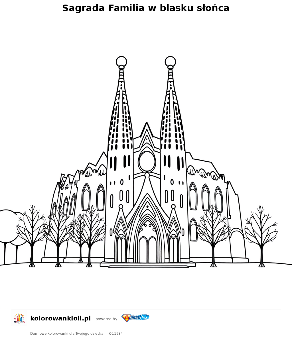 Sagrada Familia w blasku słońca — kolorowanka do wydruku dla dzieci