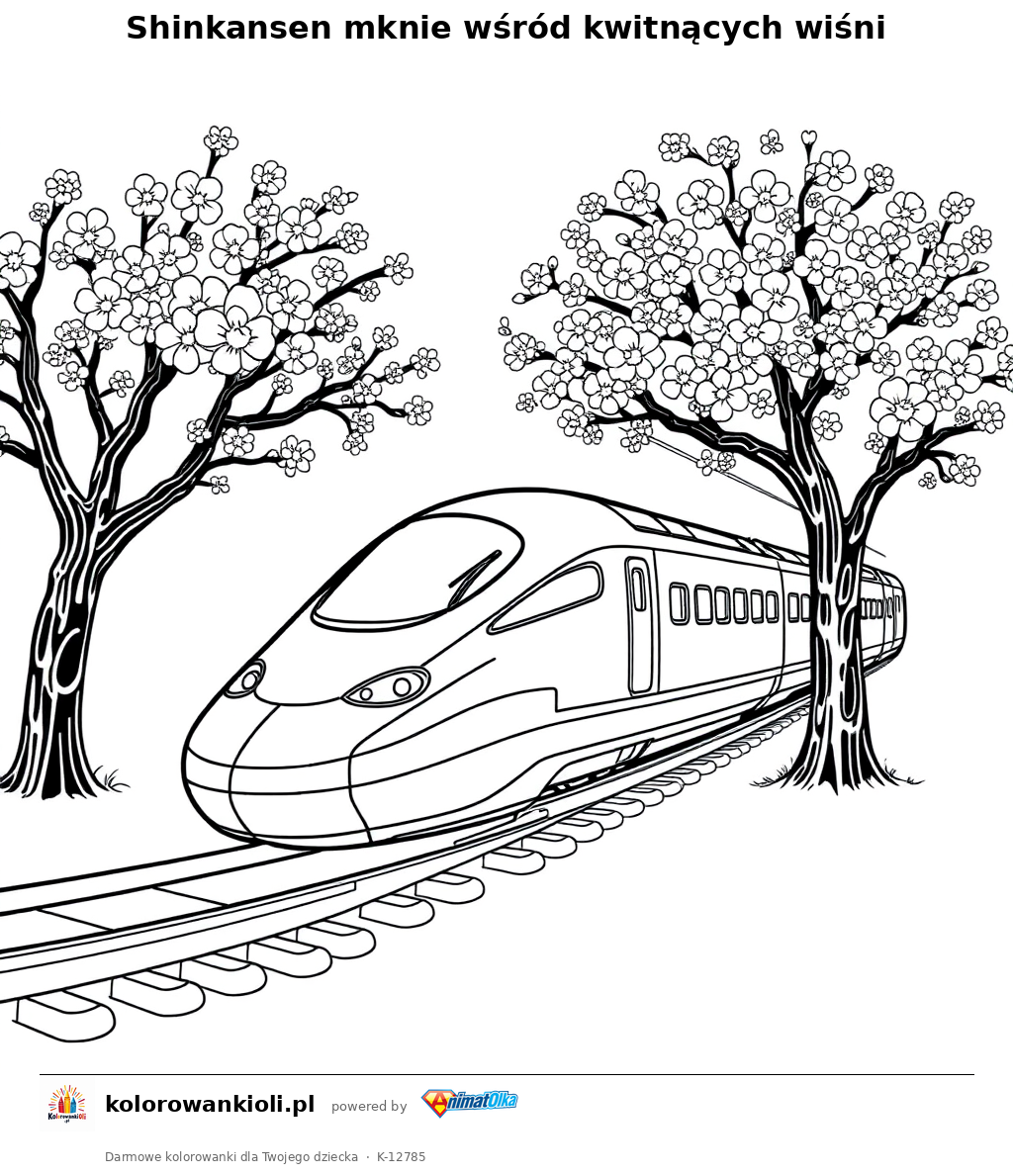 Shinkansen mknie wśród kwitnących wiśni — kolorowanka do wydruku dla dzieci