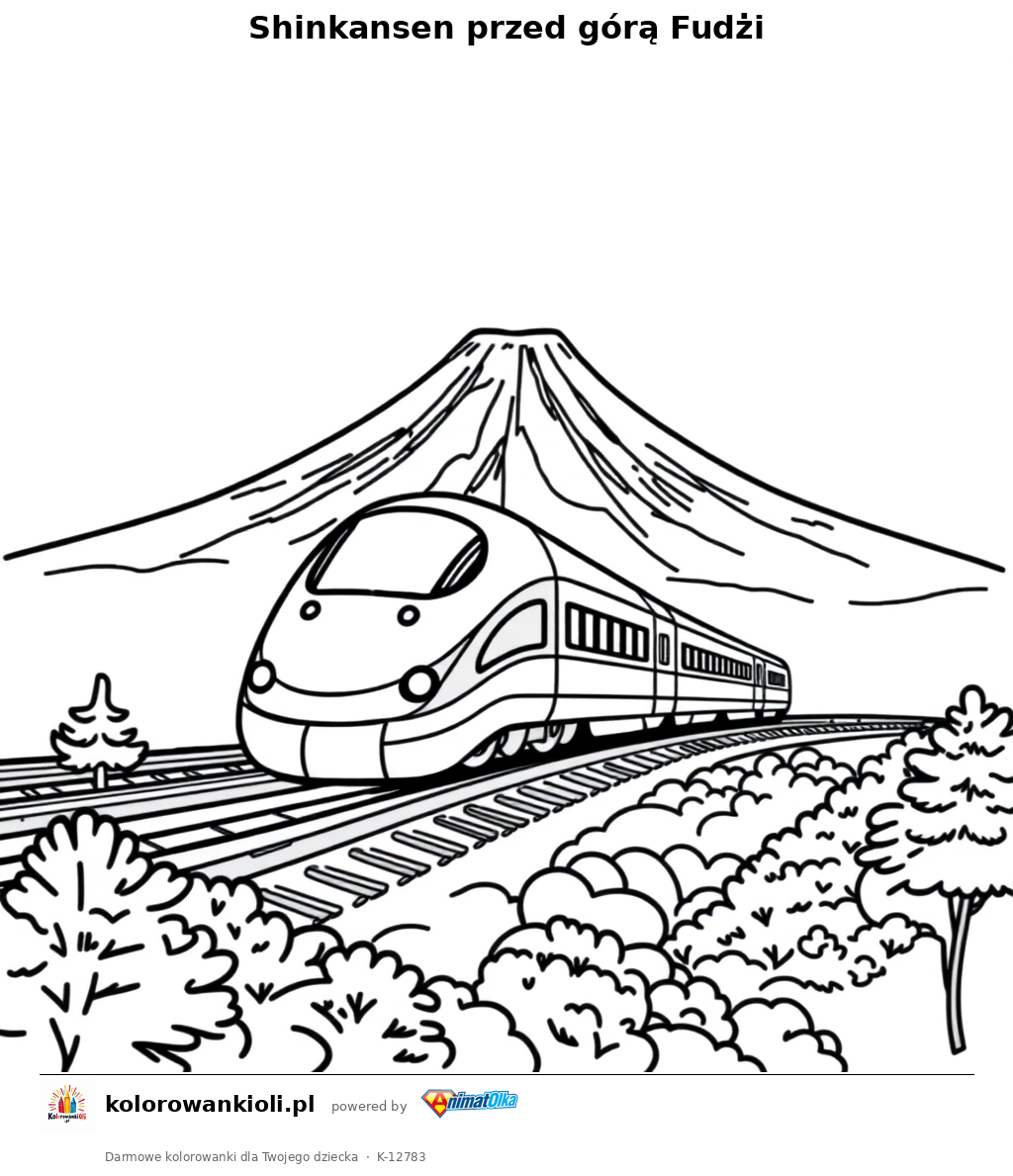 Shinkansen przed górą Fudżi — kolorowanka do wydruku dla dzieci