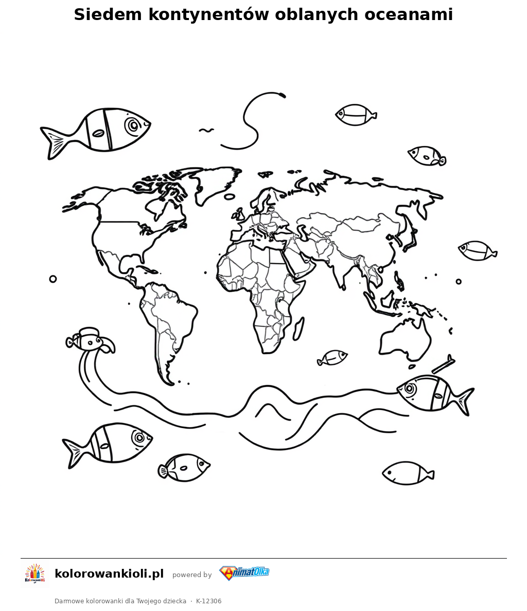 Siedem kontynentow oblanych oceanami — kolorowanka do wydruku dla dzieci
