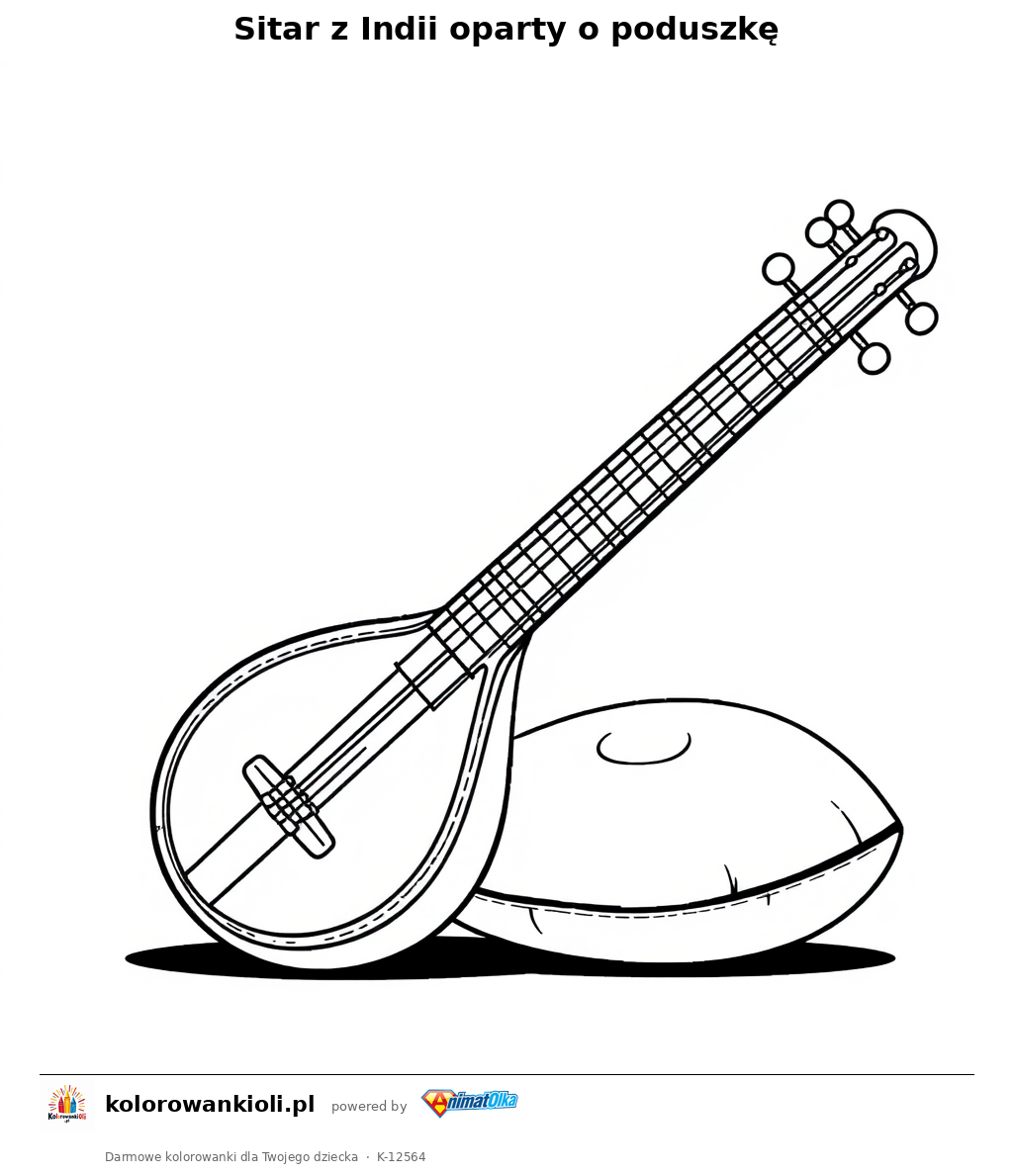 Sitar z Indii oparty o poduszke — kolorowanka do wydruku dla dzieci