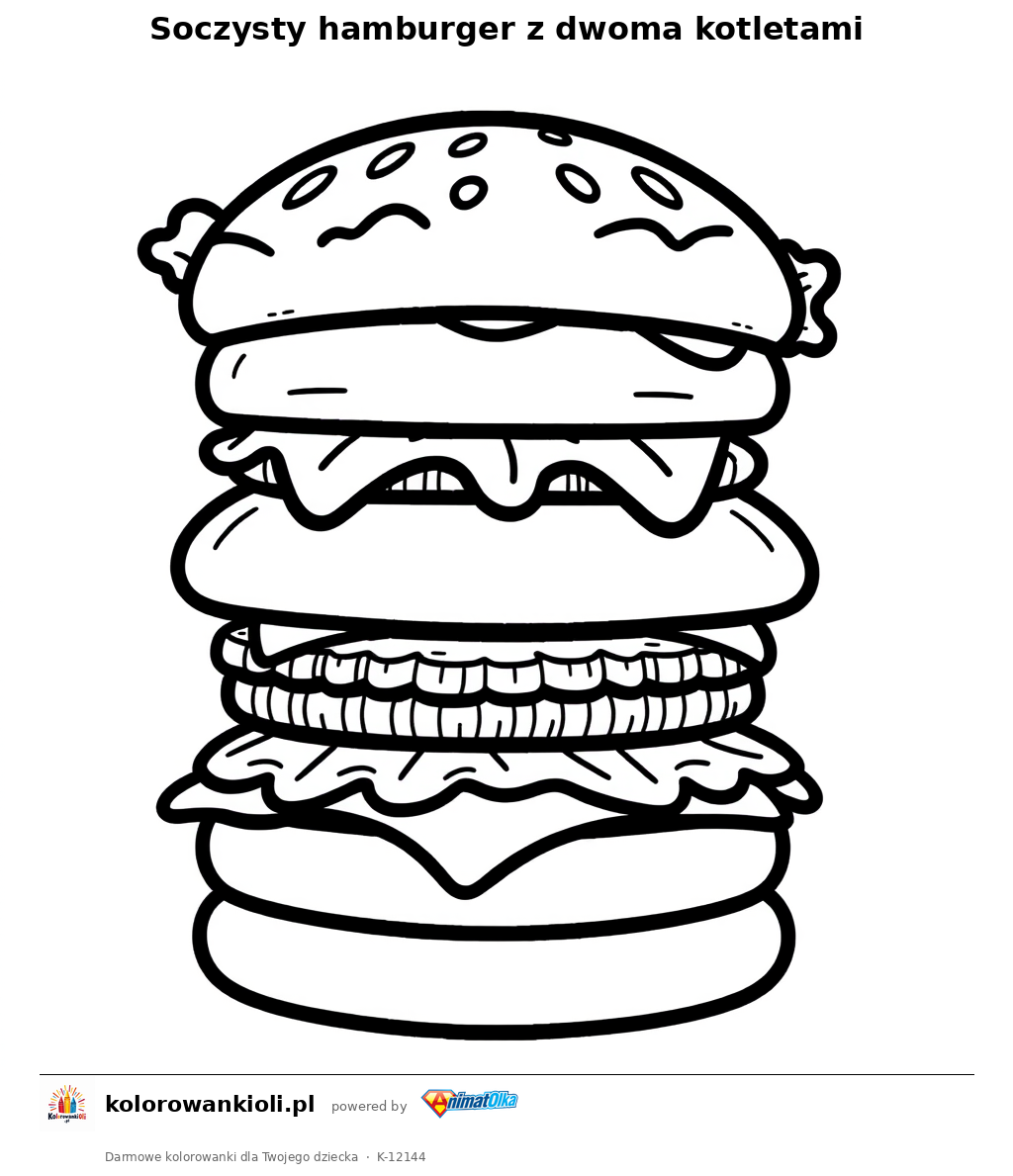 Soczysty hamburger z dwoma kotletami — kolorowanka do wydruku dla dzieci