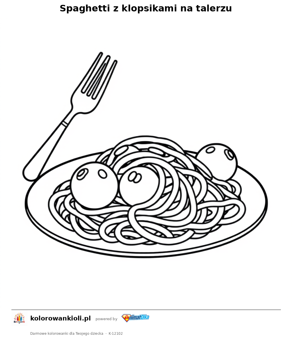 Spaghetti z klopsikami na talerzu — kolorowanka do wydruku dla dzieci