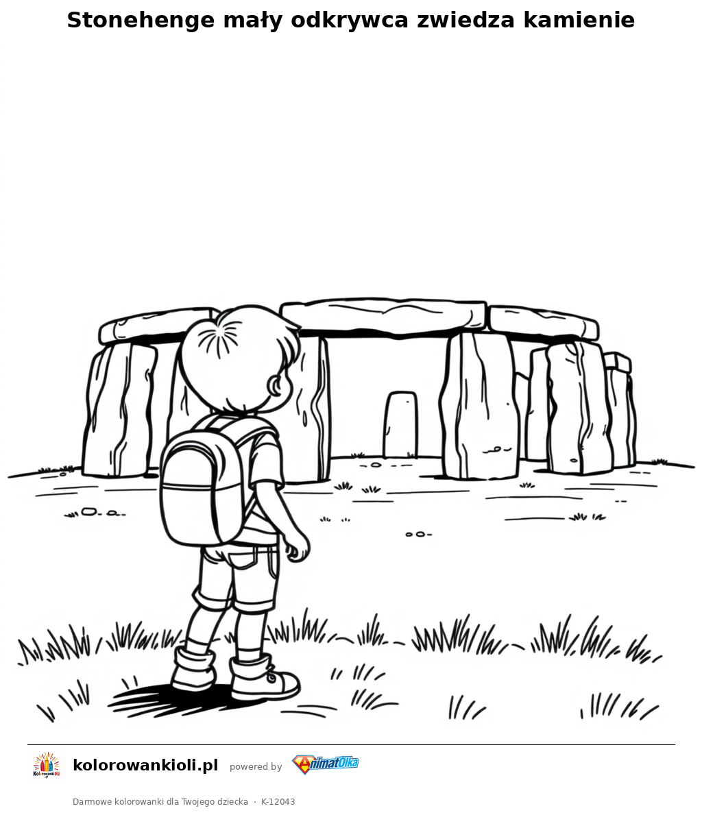 Stonehenge maly odkrywca zwiedza kamienie — kolorowanka do wydruku dla dzieci