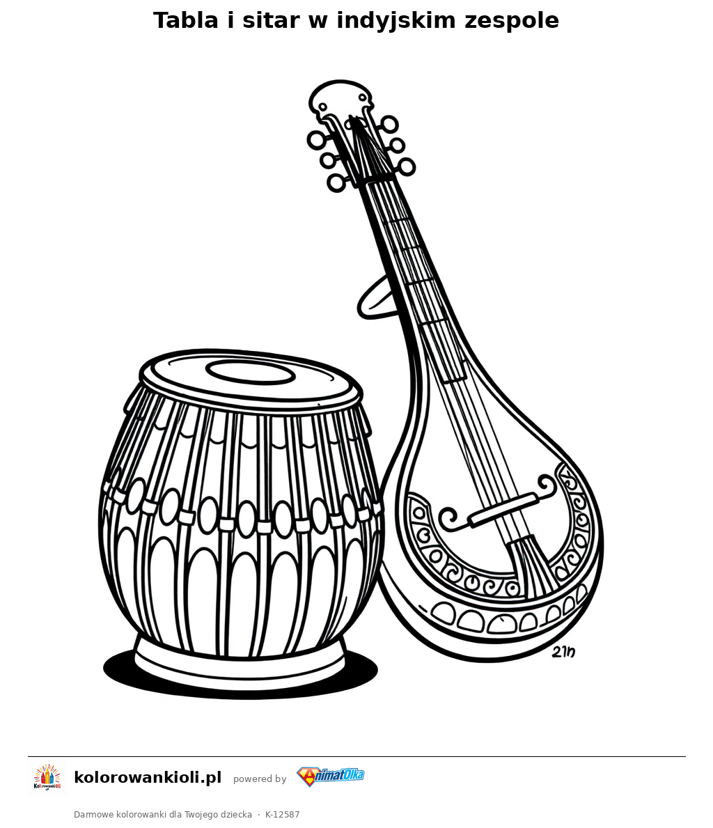 Tabla i sitar w indyjskim zespole — kolorowanka do wydruku dla dzieci