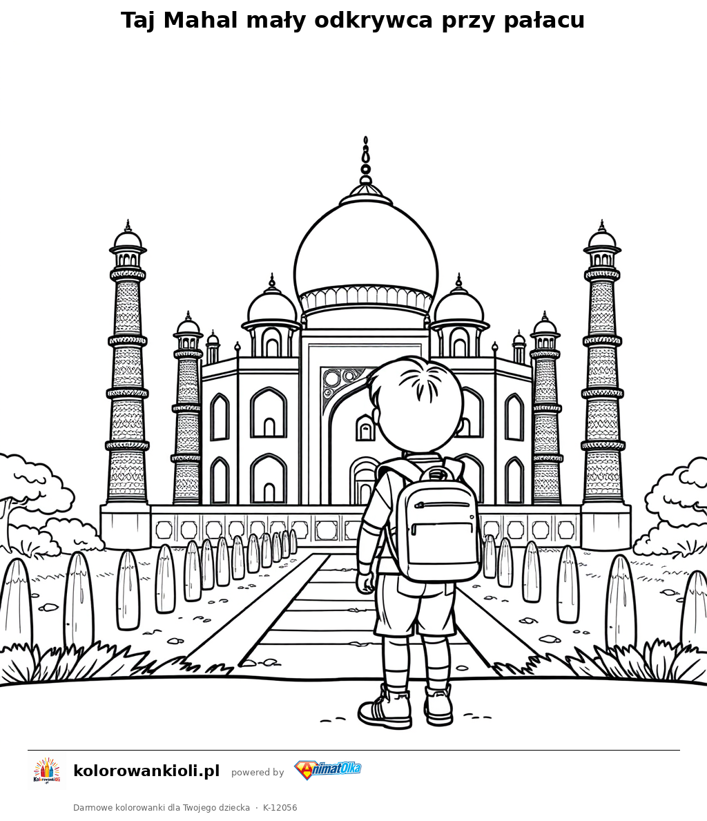 Taj Mahal maly odkrywca przy palacu — kolorowanka do wydruku dla dzieci