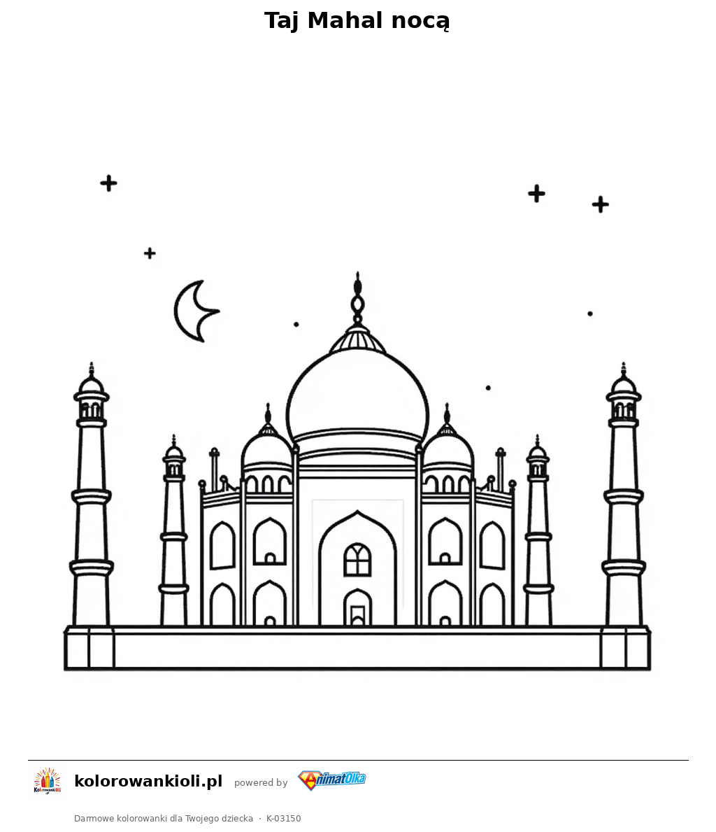 Taj Mahal nocą — kolorowanka do wydruku dla dzieci