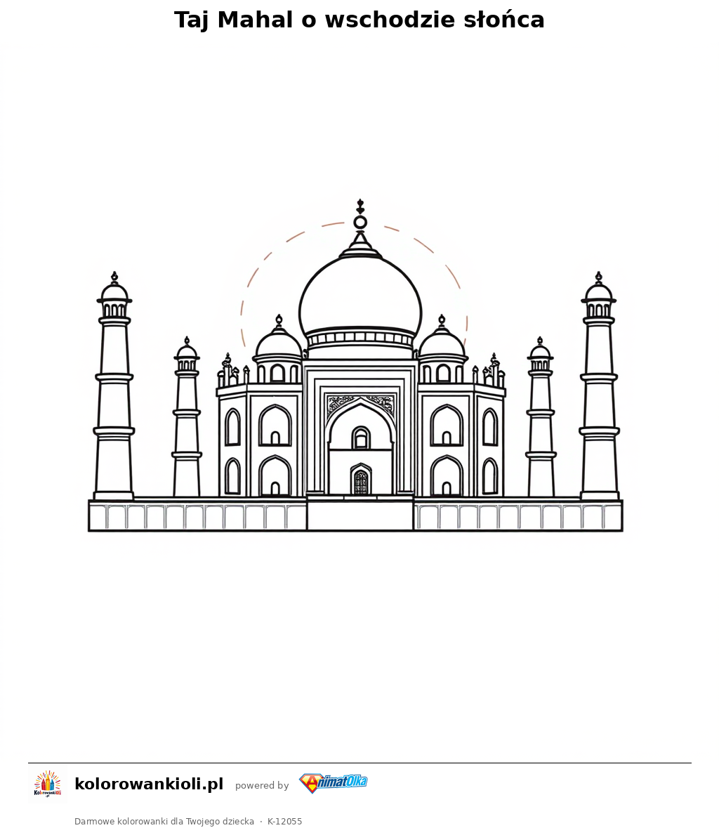 Taj Mahal o wschodzie slonca — kolorowanka do wydruku dla dzieci