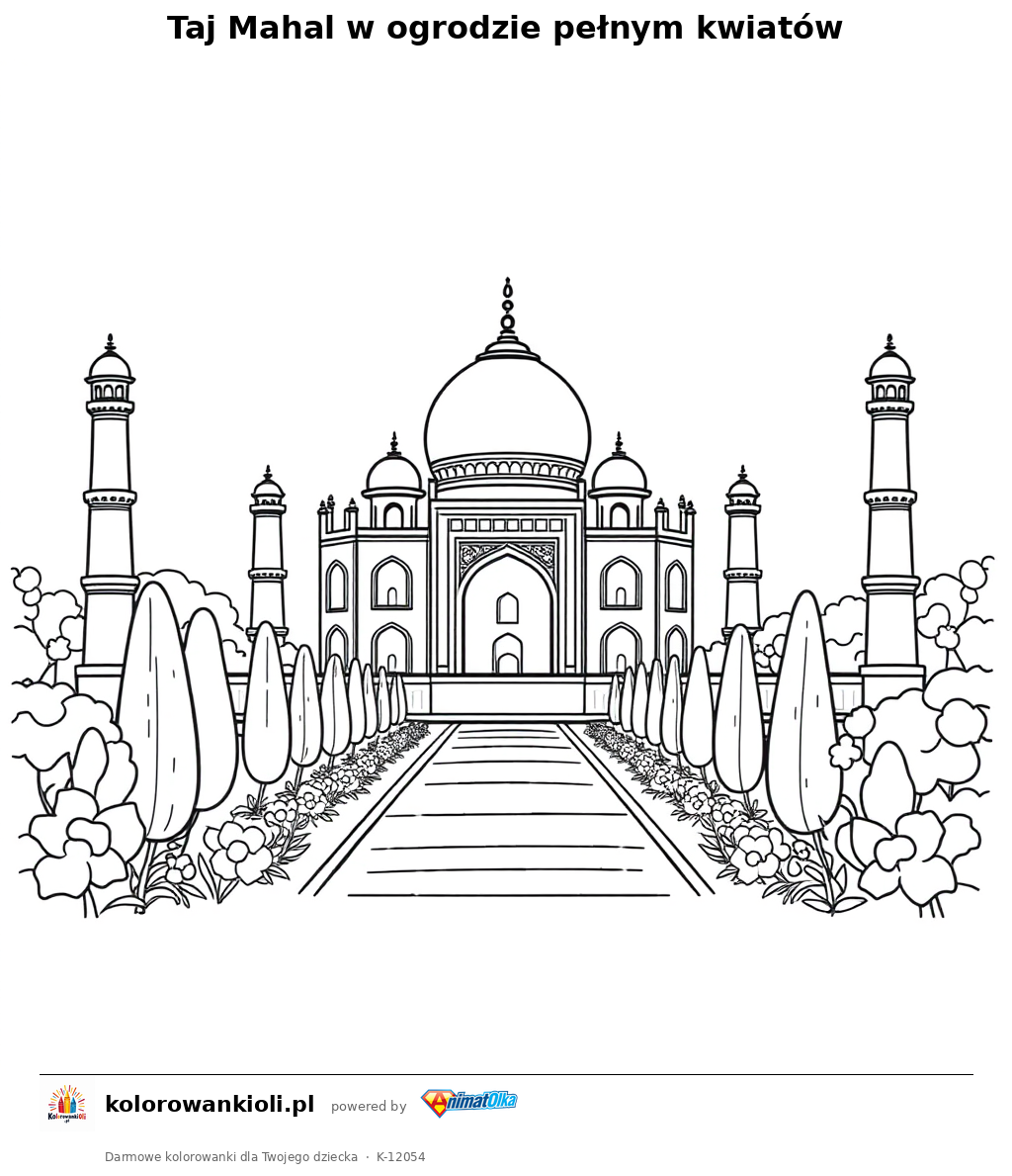 Taj Mahal w ogrodzie pelnym kwiatow — kolorowanka do wydruku dla dzieci