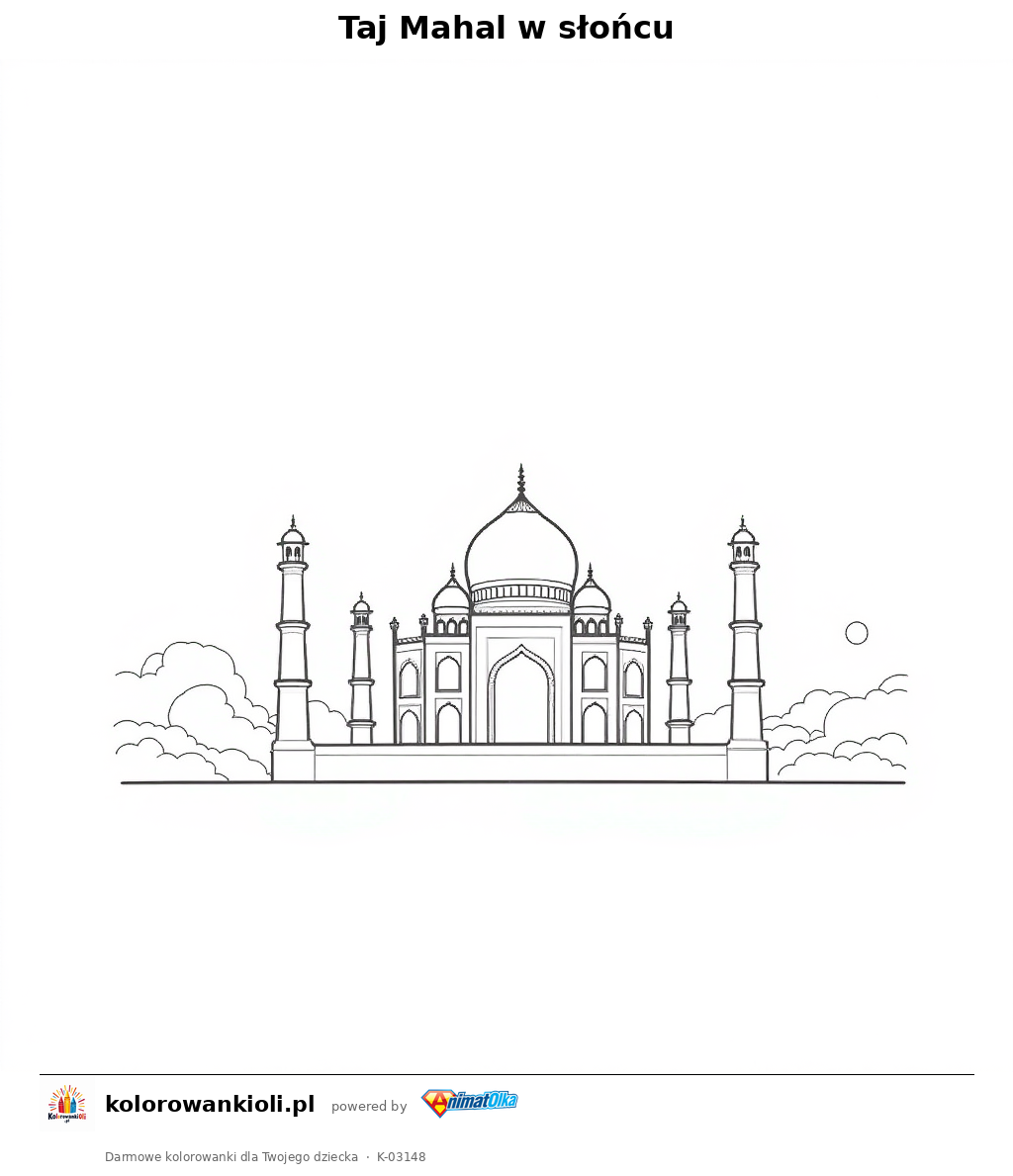 Taj Mahal w słońcu — kolorowanka do wydruku dla dzieci