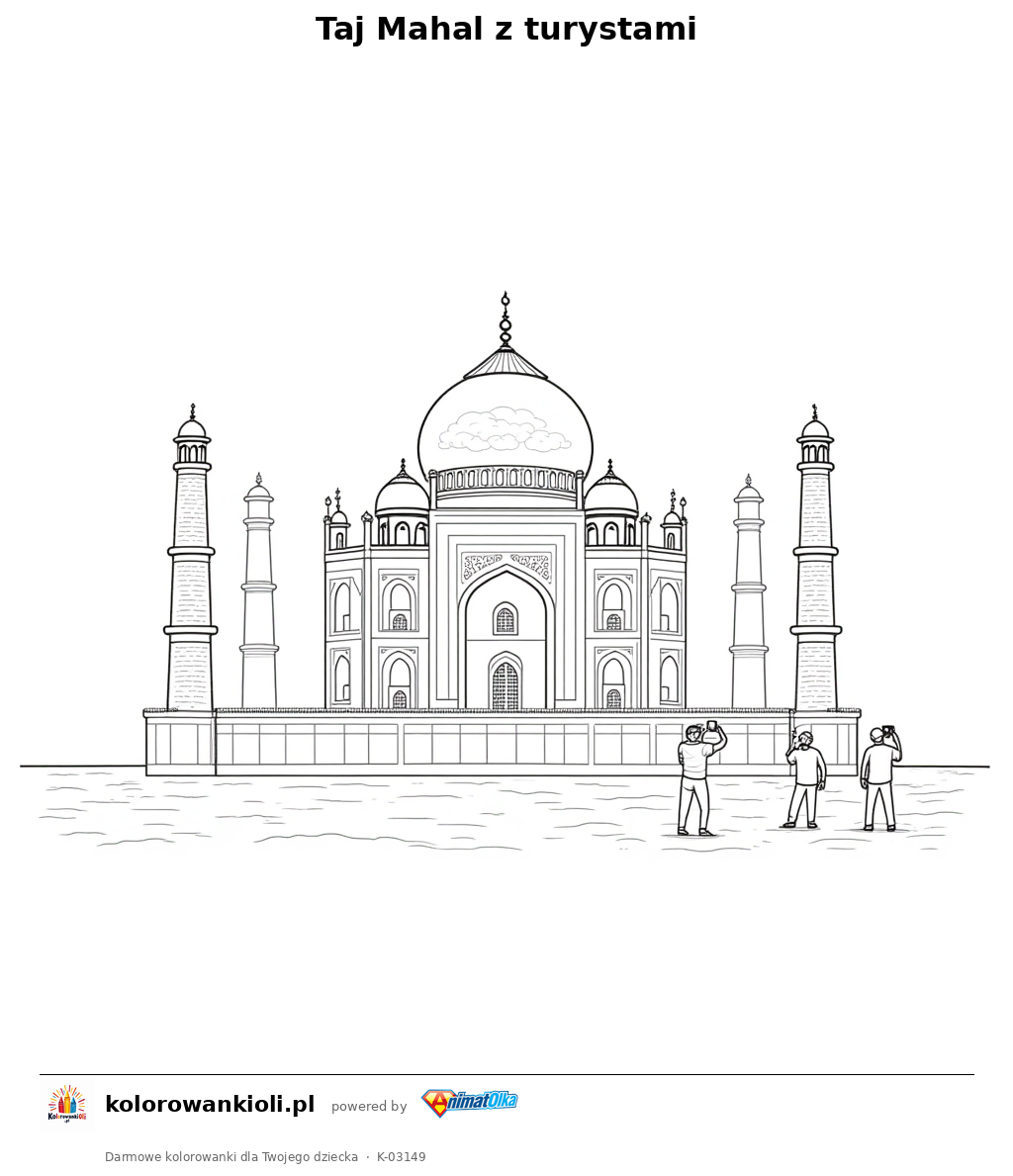 Taj Mahal z turystami — kolorowanka do wydruku dla dzieci