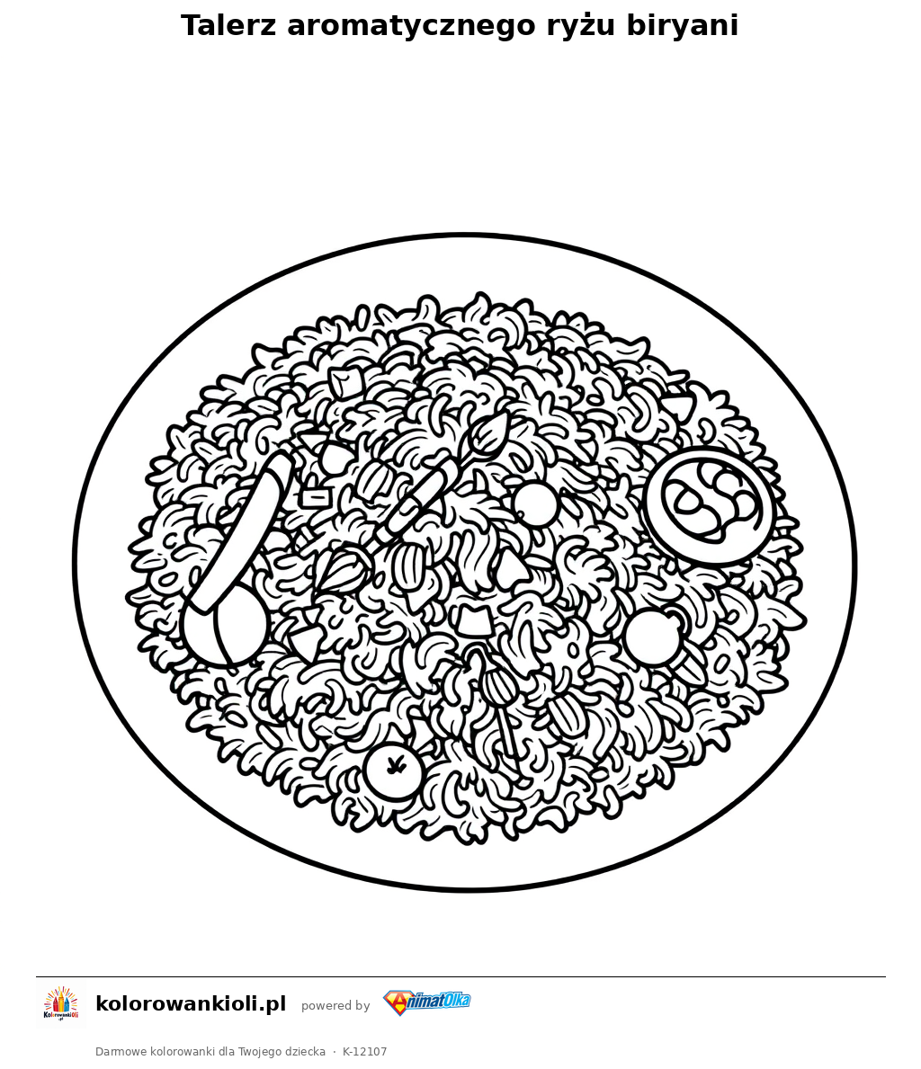 Talerz aromatycznego ryzu biryani — kolorowanka do wydruku dla dzieci