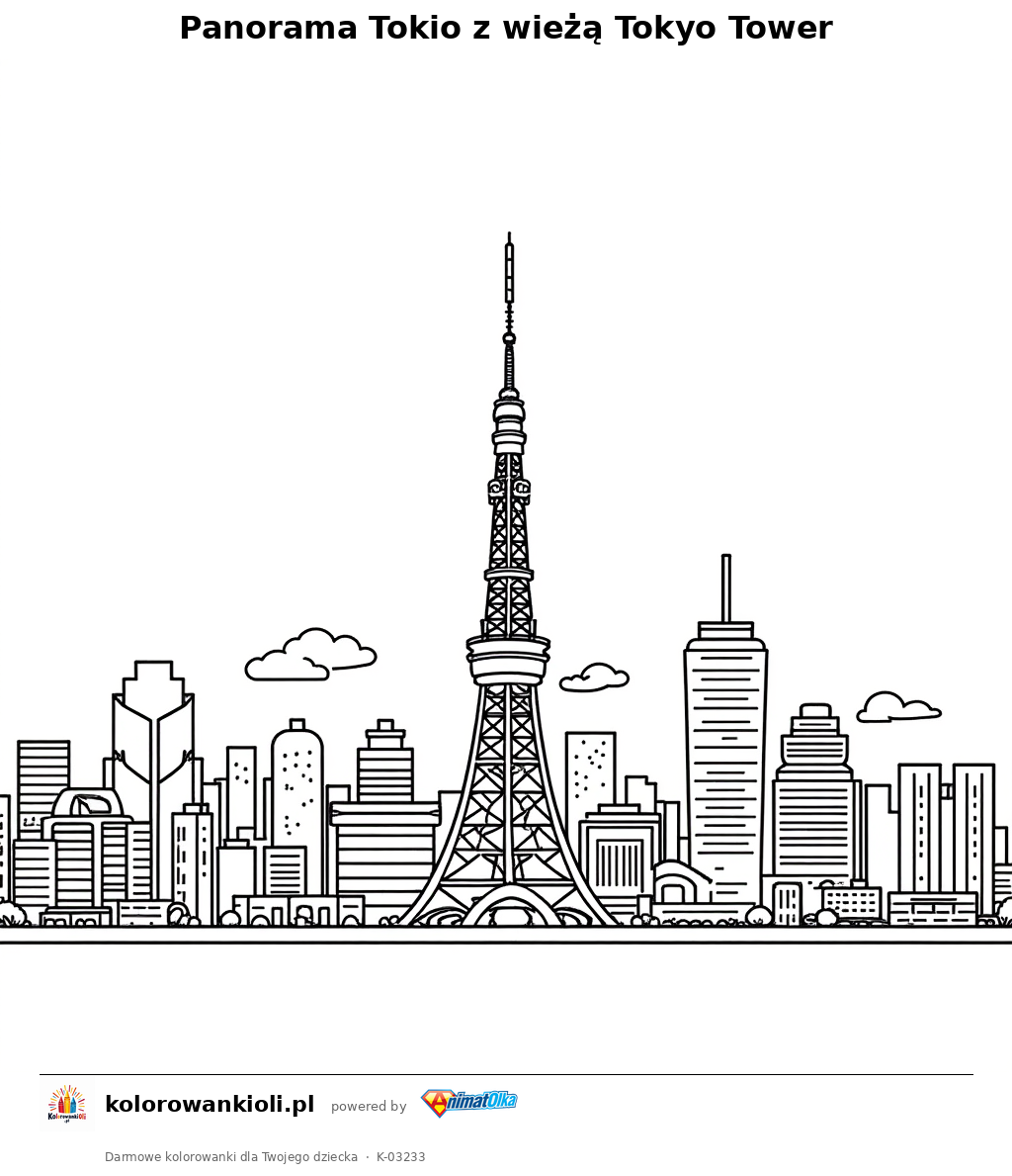 Panorama Tokio z wieżą Tokyo Tower — kolorowanka do wydruku dla dzieci