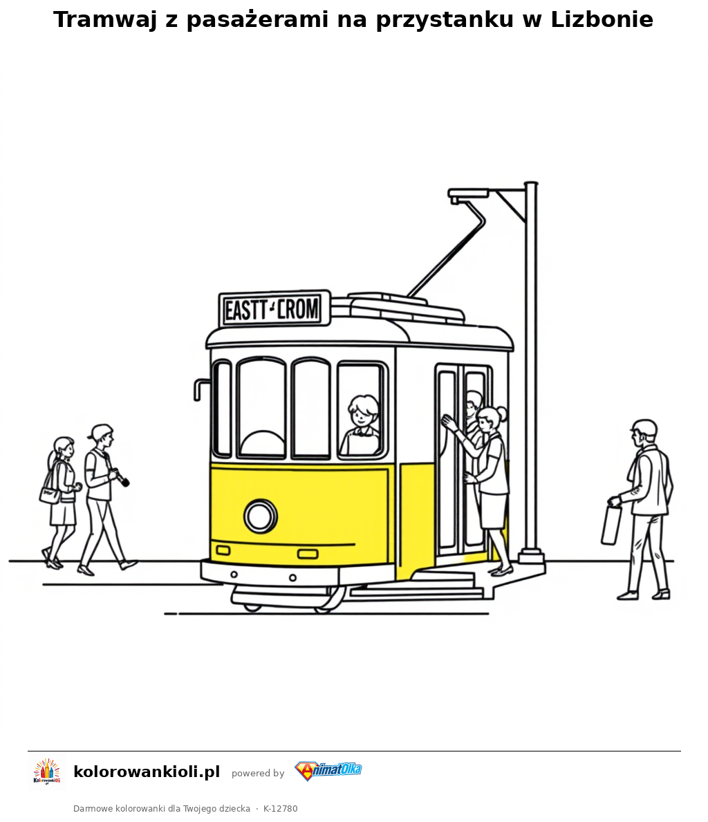 Tramwaj z pasażerami na przystanku w Lizbonie — kolorowanka do wydruku dla dzieci