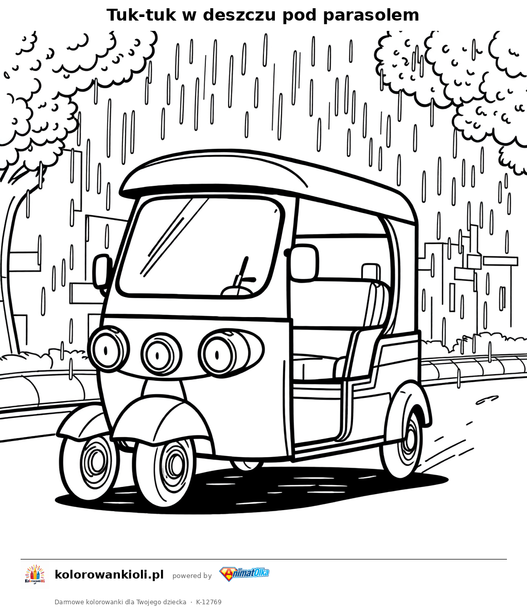 Tuk-tuk w deszczu pod parasolem — kolorowanka do wydruku dla dzieci
