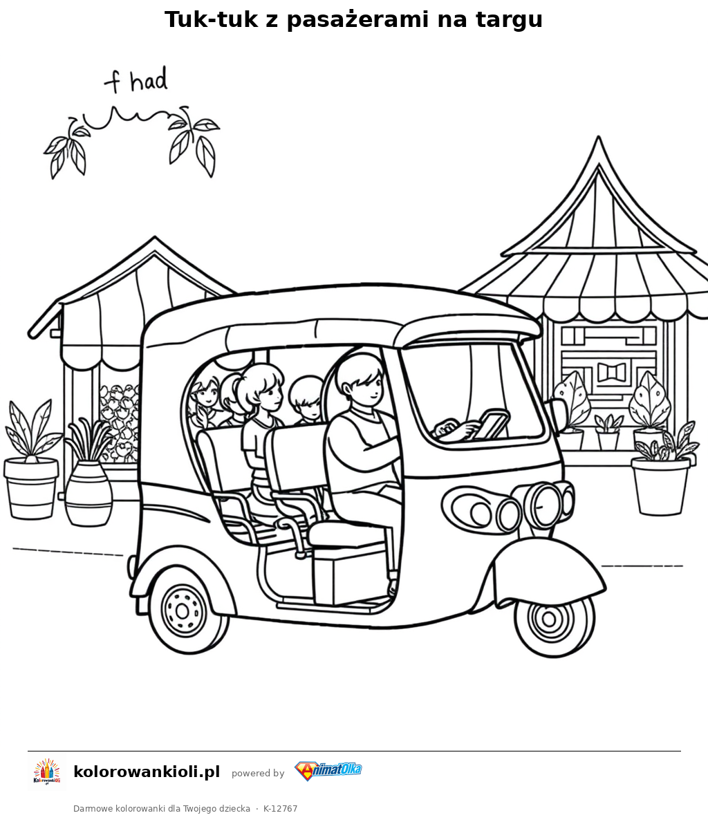 Tuk-tuk z pasażerami na targu — kolorowanka do wydruku dla dzieci