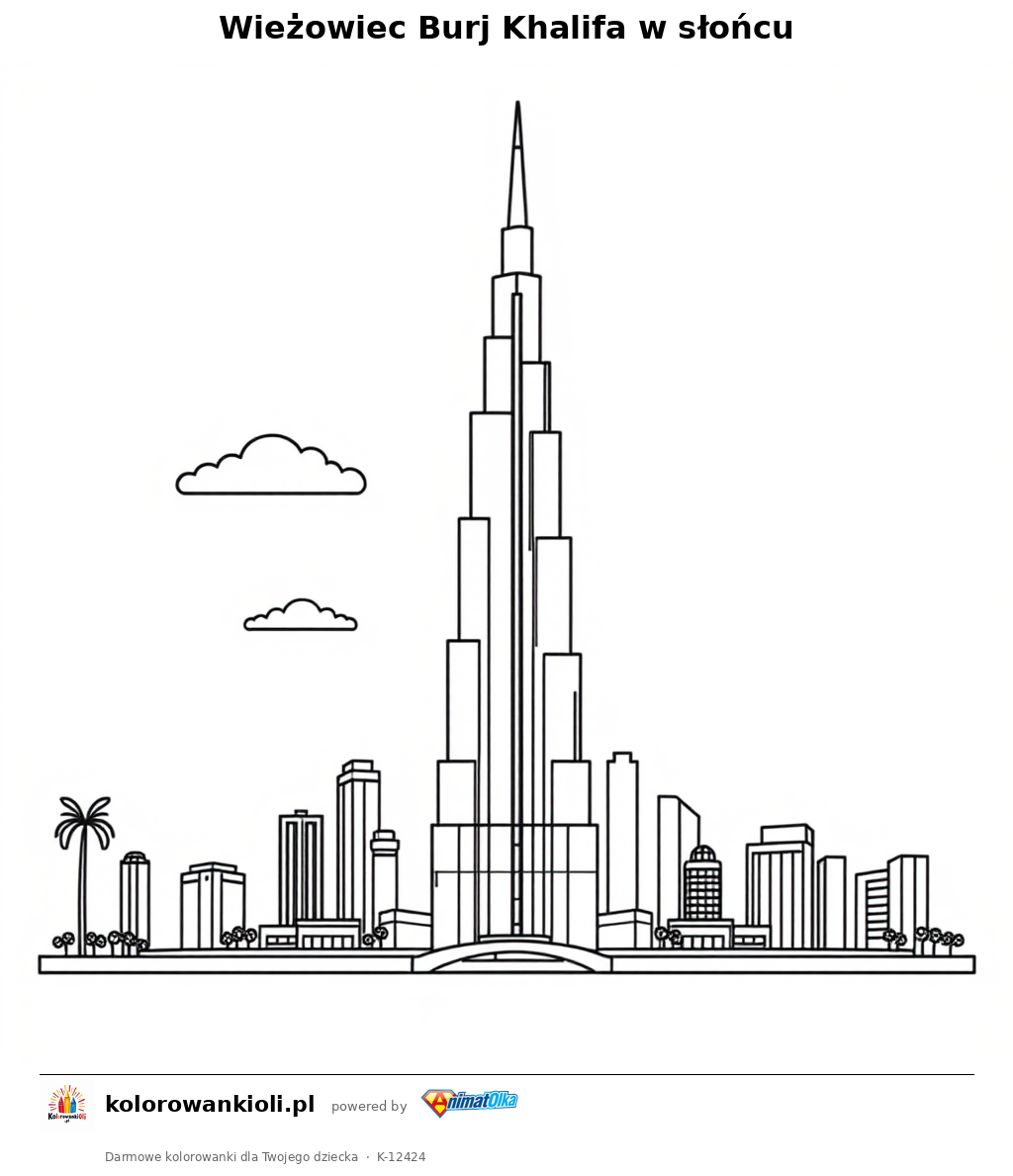 Wieżowiec Burj Khalifa w słońcu — kolorowanka do wydruku dla dzieci