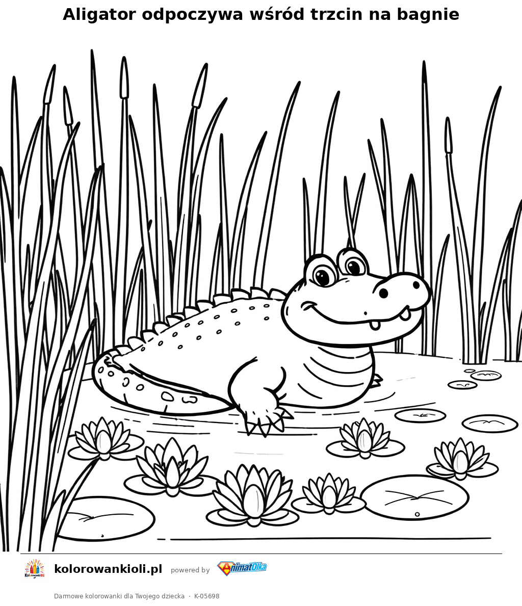 Aligator odpoczywa wśród trzcin na bagnie — kolorowanka do wydruku dla dzieci