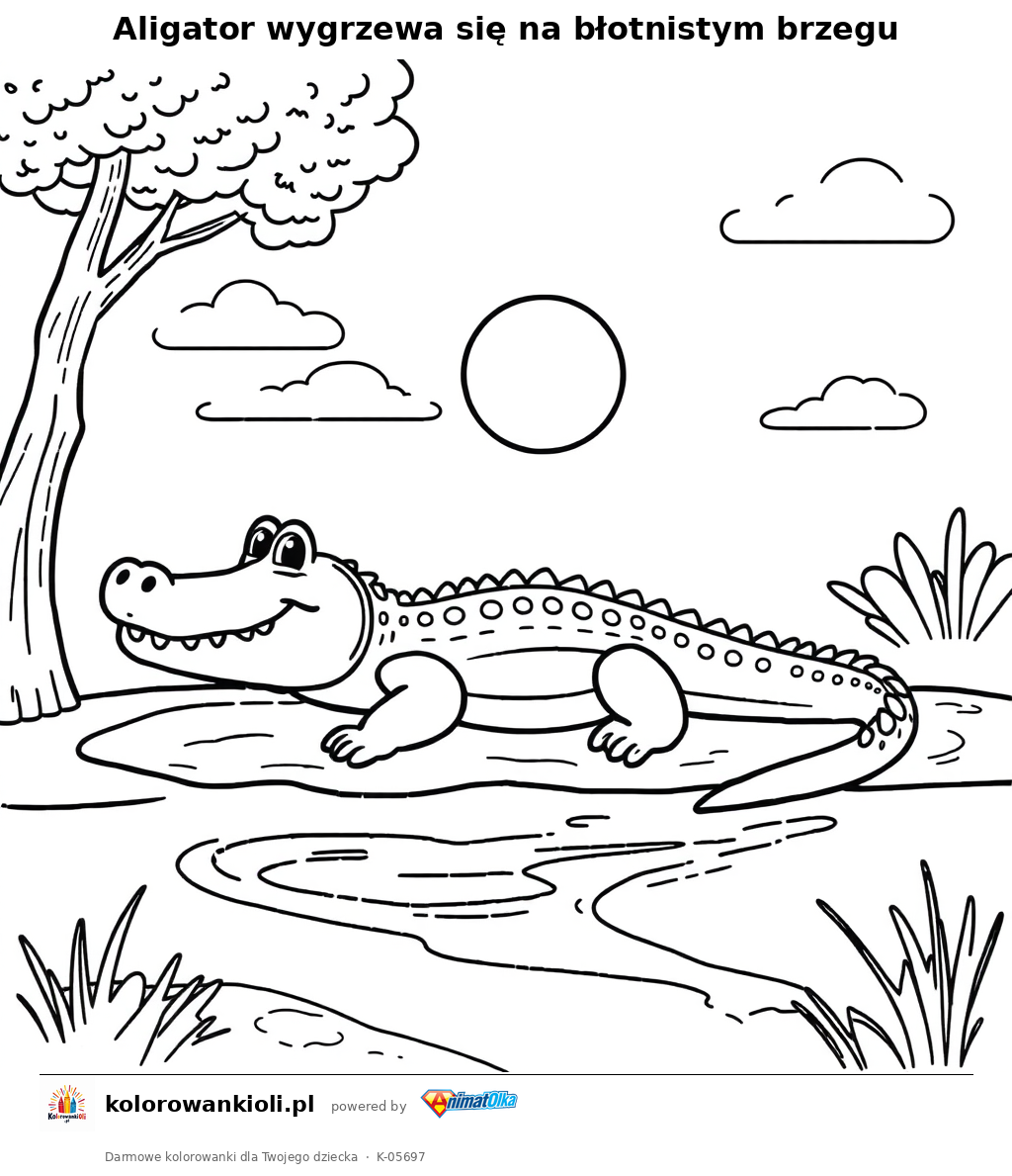 Aligator wygrzewa się na błotnistym brzegu — kolorowanka do wydruku dla dzieci